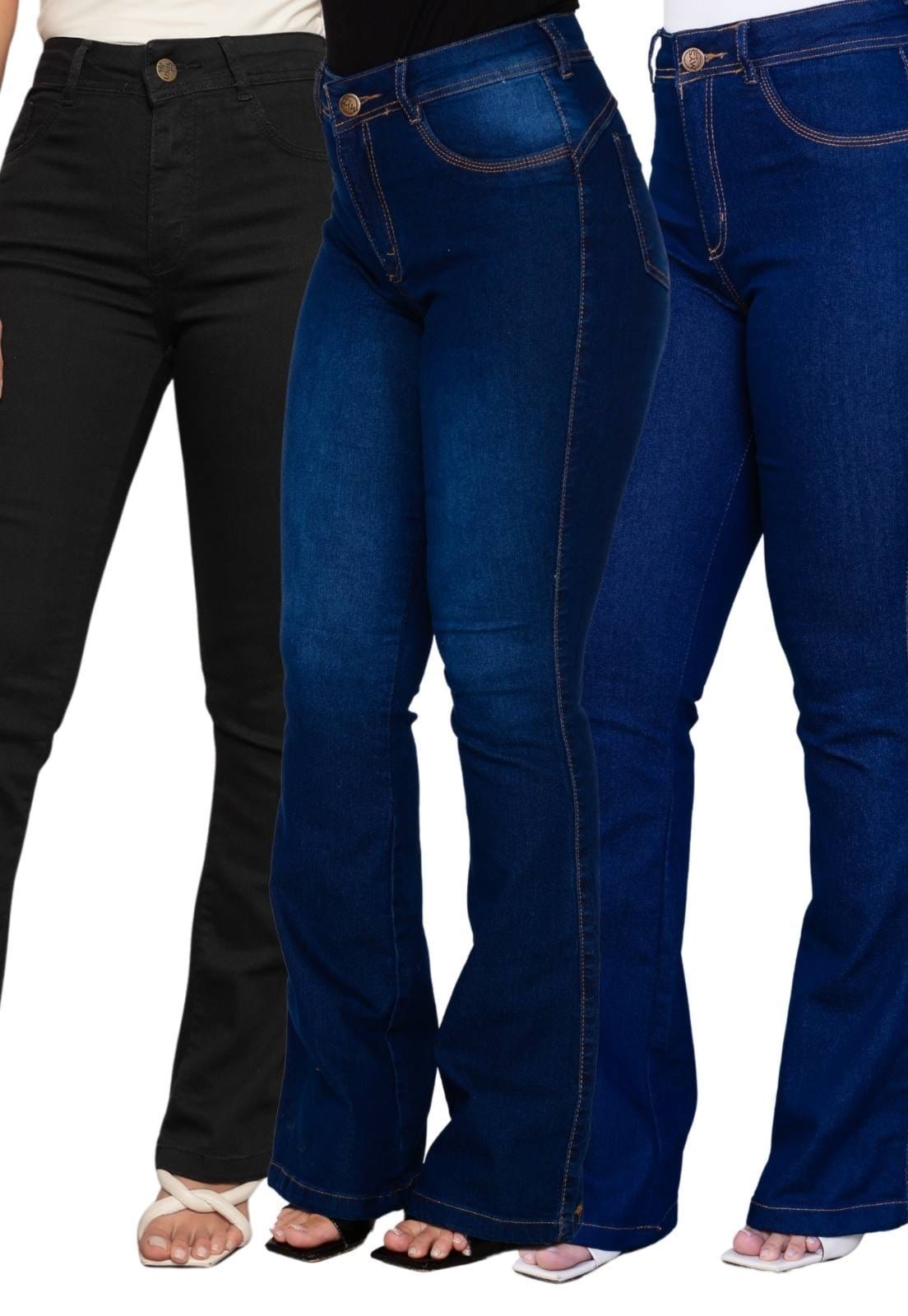 KIT 3 Calça Flare Feminina Mys Jeans Cintura Alta Preto e Manchado