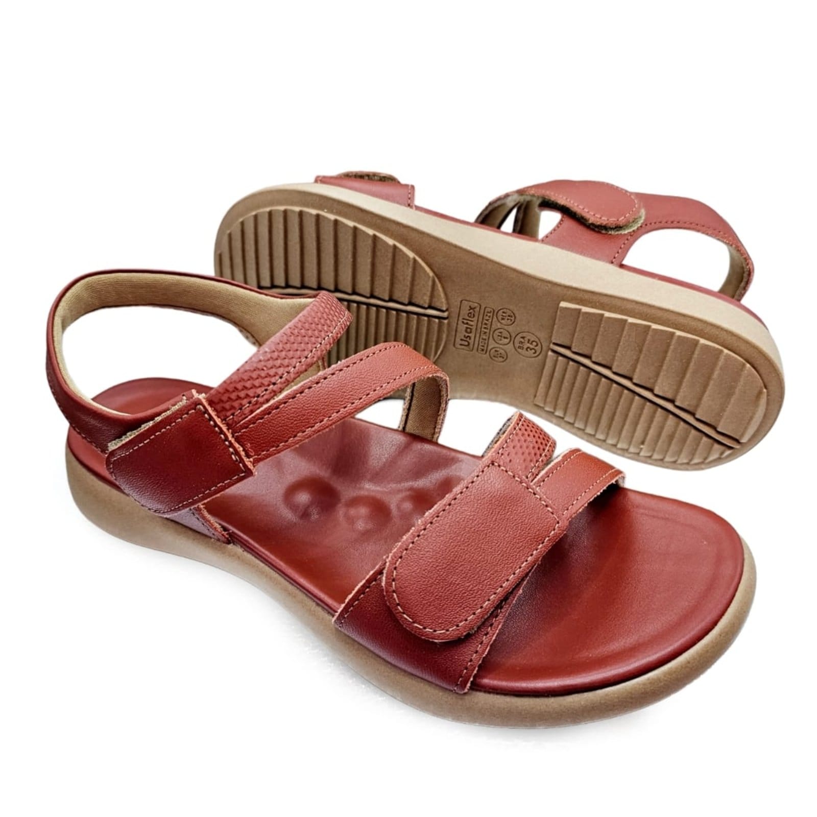 Vista 2 Sandália Feminina Usaflex Couro Tira Ajustável Conforto Terracota Usaflex vermelho