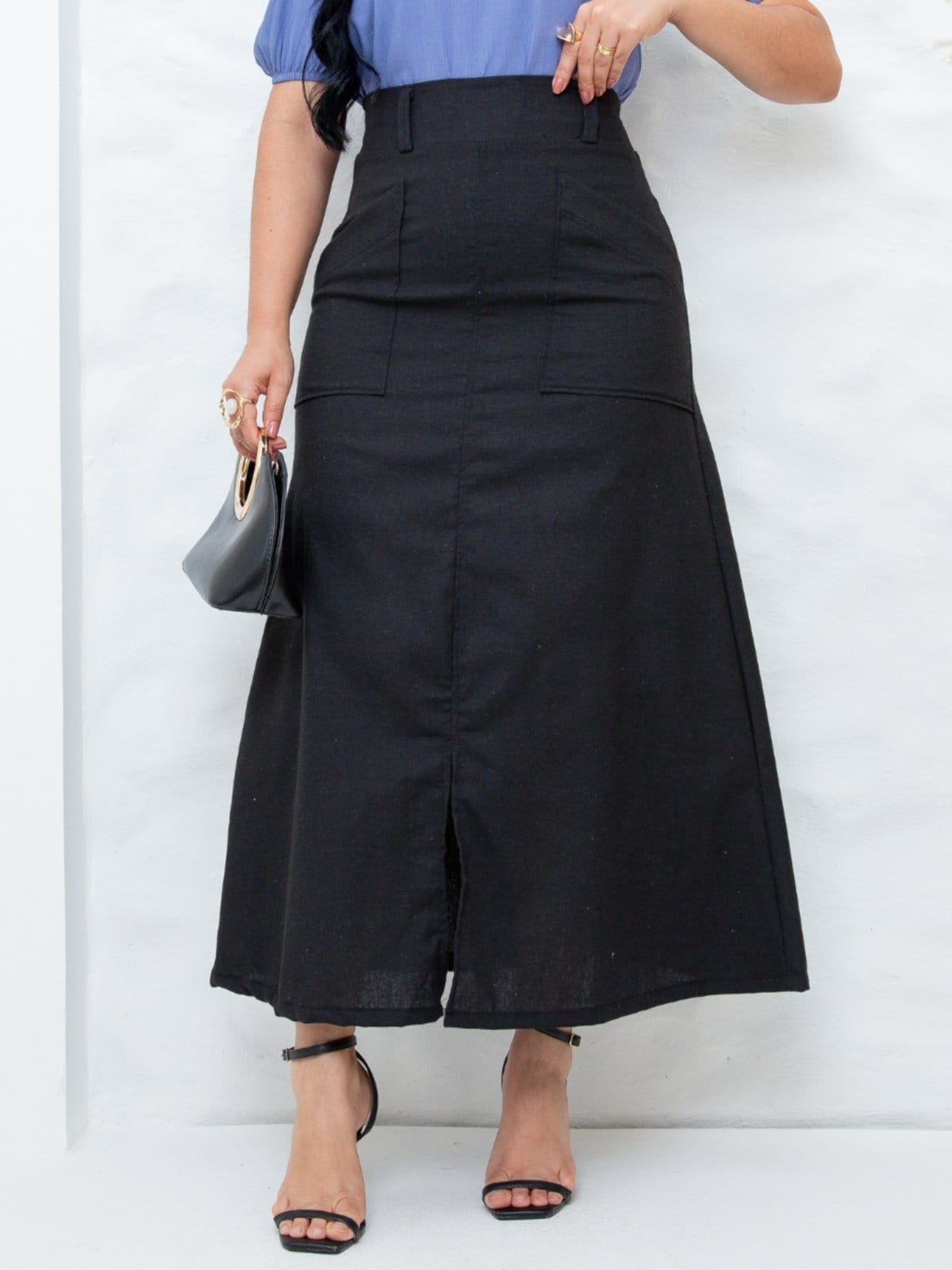 Saia Midi Social de Linho Básica Lisa com Bolso Fenda Elegante Soltinha