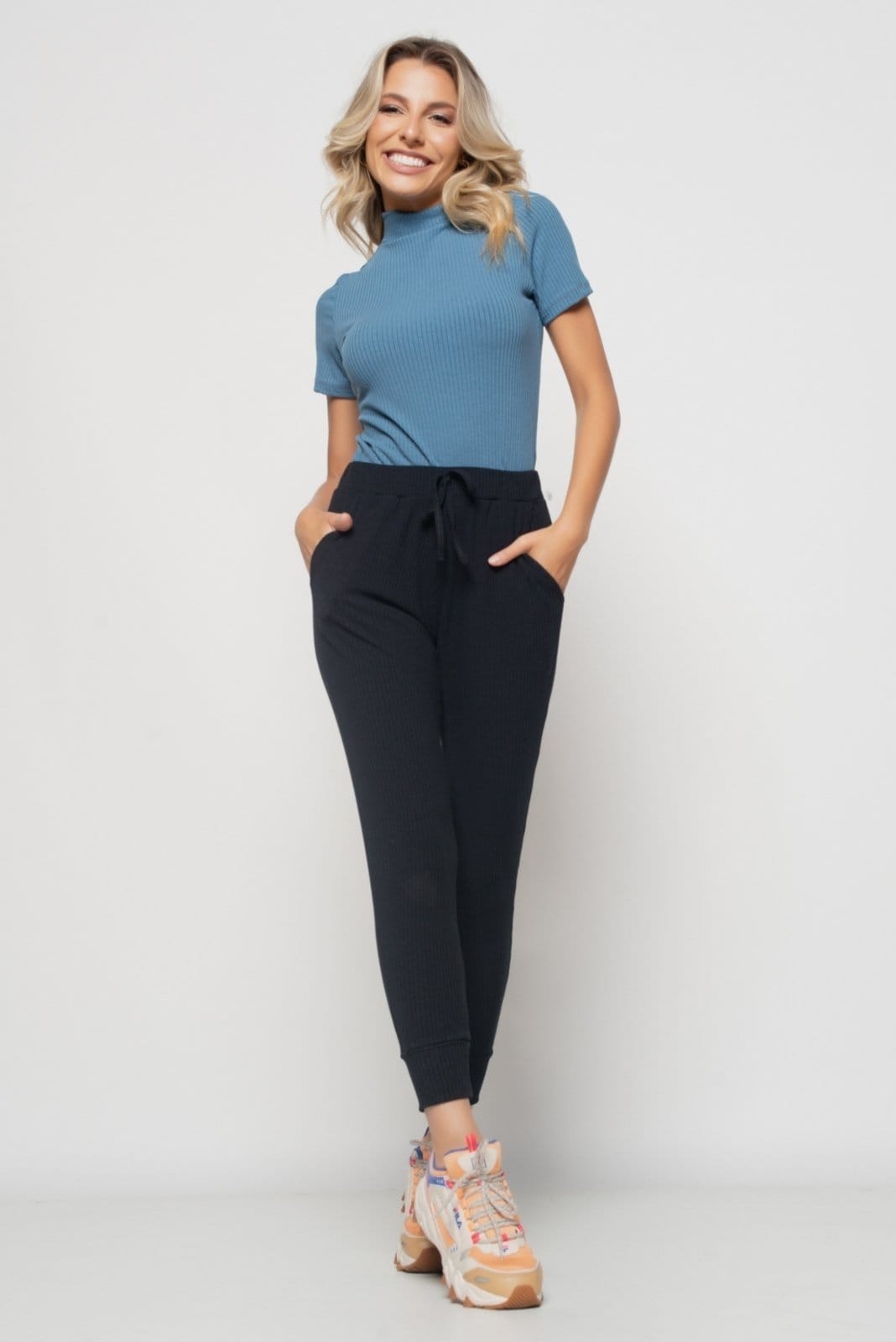 Vista 2 Blusa Salvatore Gola Alta Malha Canelada Jeans Salvatore Fashion azul