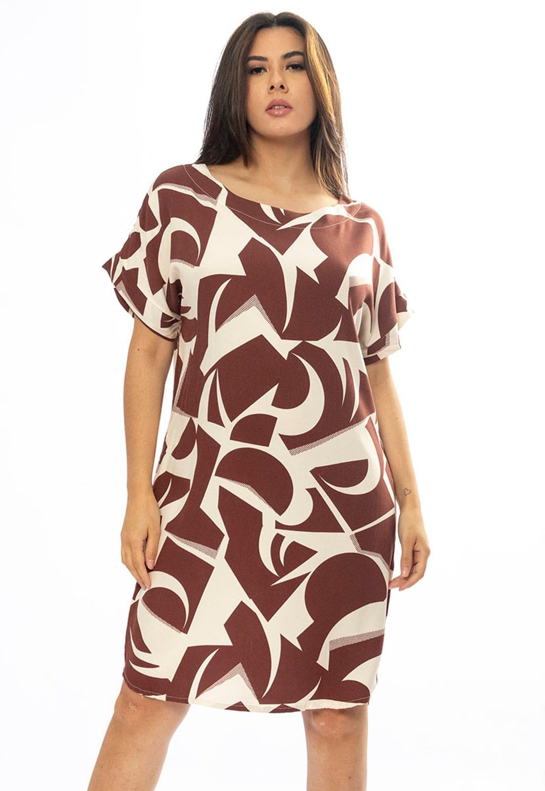 Vestido Curto Cabanafree Viscose com Bolso Estampa Raízes Marrom