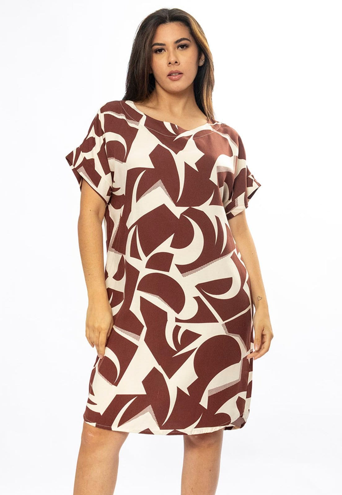 Vista 2 Vestido Curto Cabanafree Viscose com Bolso Estampa Raízes Marrom Cabanafree estampado/off-white