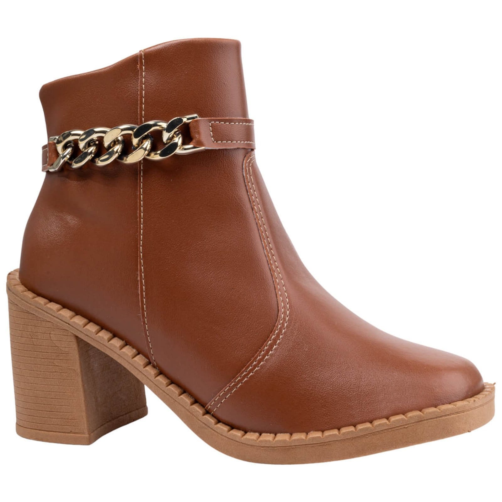 Vista 2 Bota Feminina Salto Médio Grosso Cano Baixo Ankle Boot Corrente Via Angel 8004 VIA ANGEL caramelo