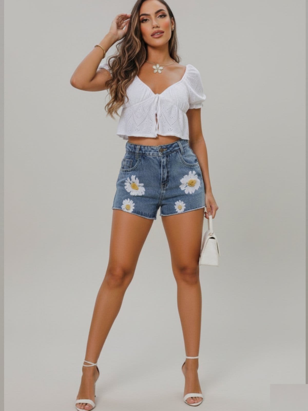 Short Jeans Feminino Estampa Margarida Estilo Casual Linha Premium