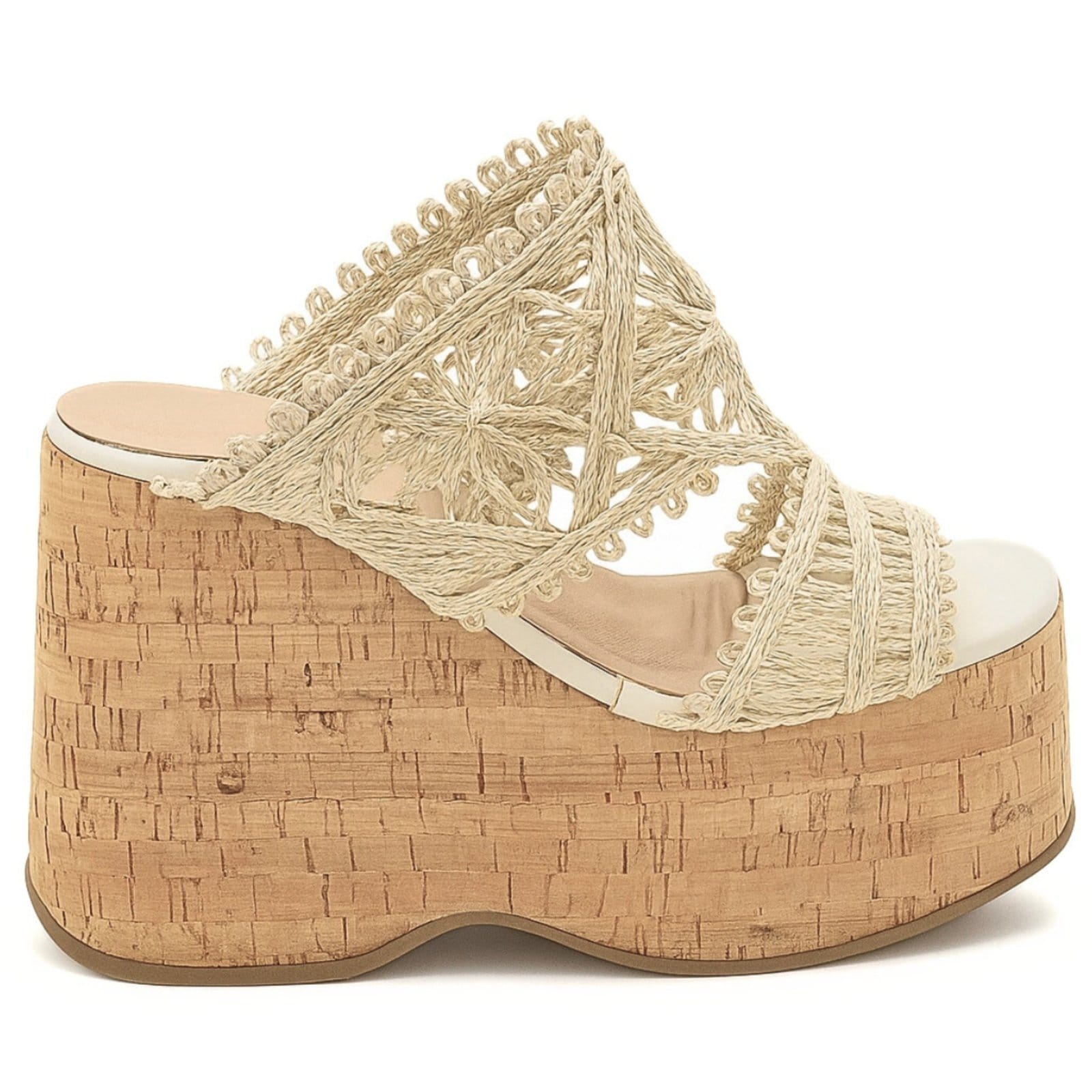 Vista 2 Sandália Tamanco Plataforma Alta Anabela Renda Off White Feminina 182177 Flor da Pele nude white