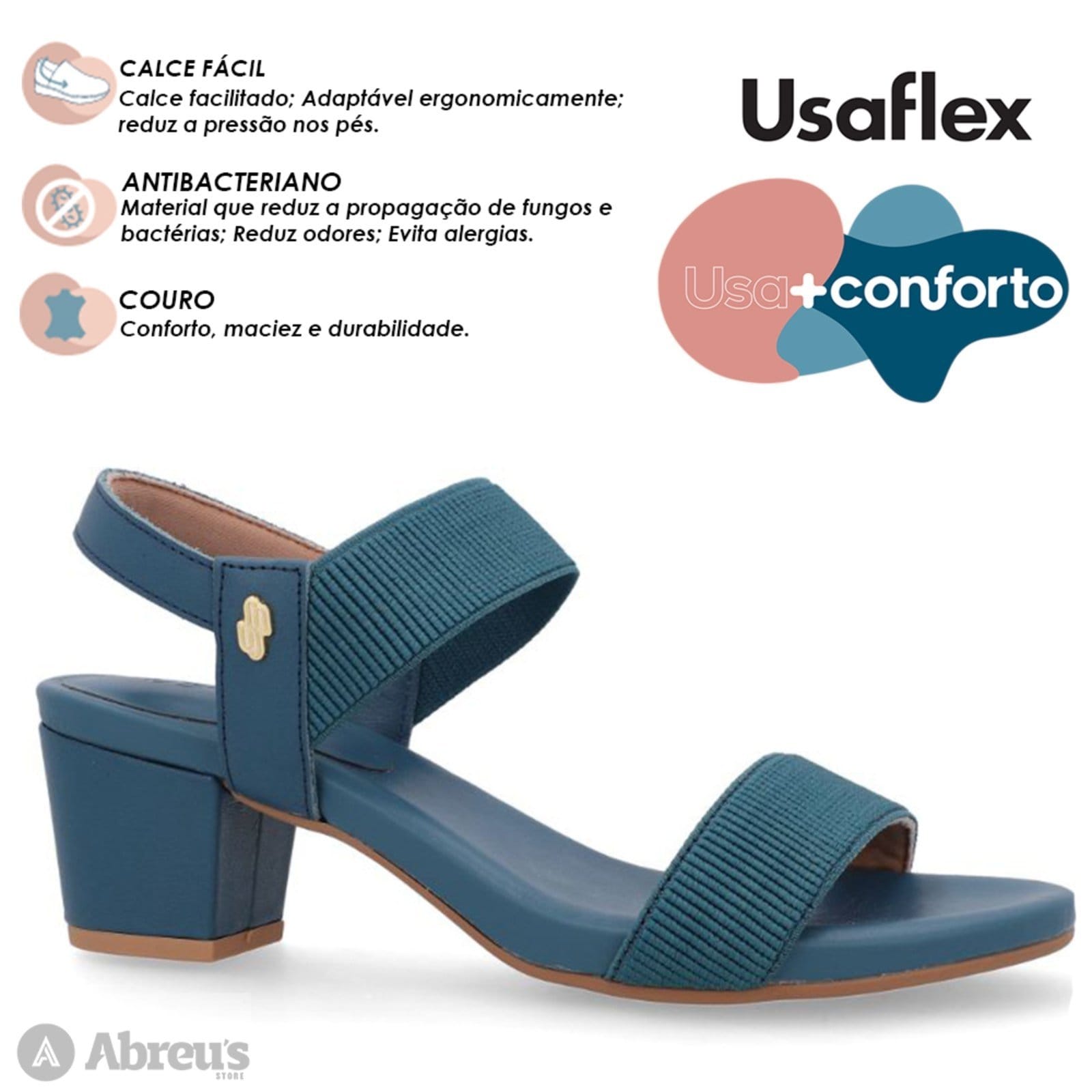 Vista 2 Sandália Salto Bloco Usaflex Elástico Y8204 Conforto Esmeralda Usaflex azul