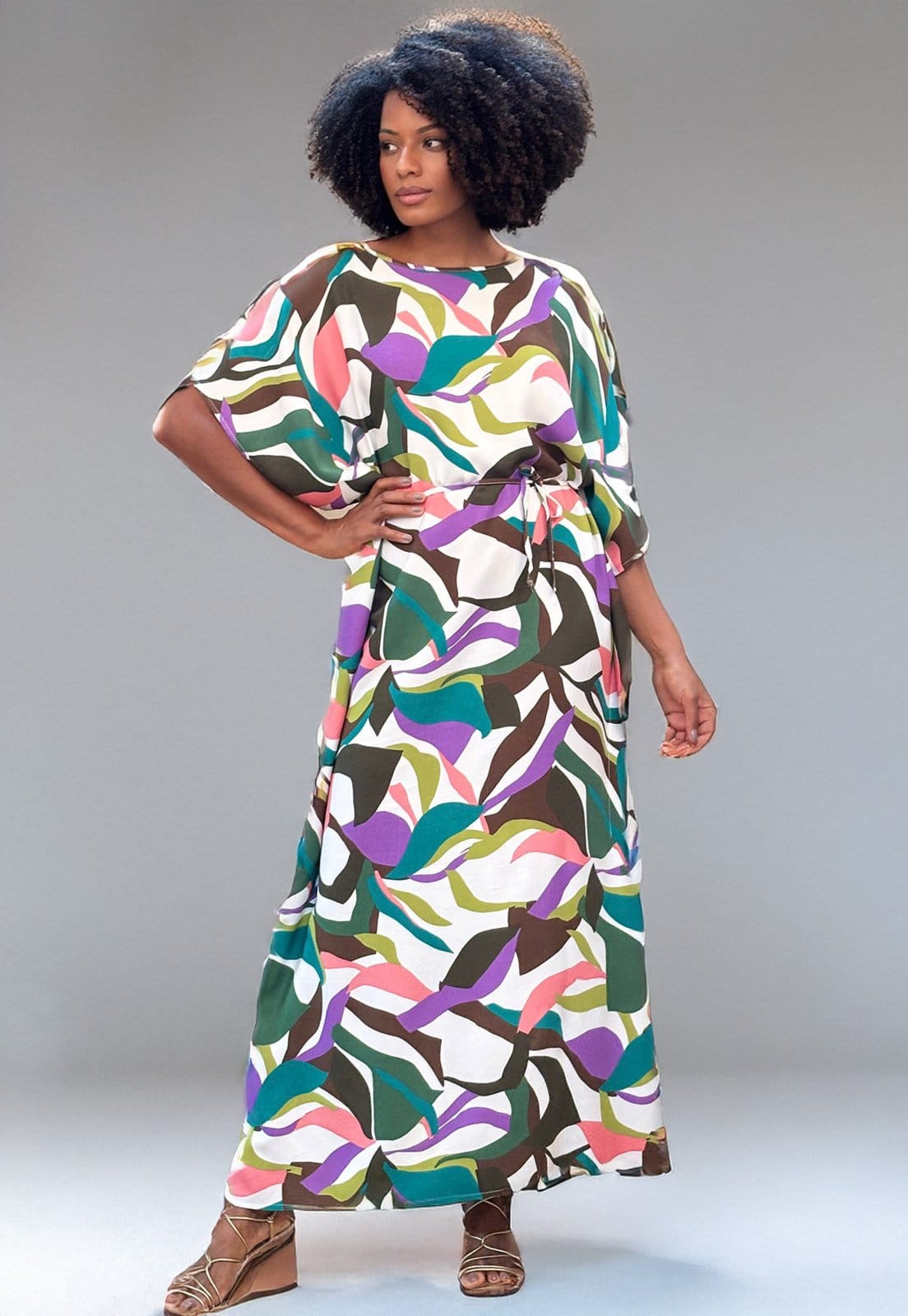 Vestido Amazonia Vital Kaftan Viscose Longo Estampa Encanto Botânico