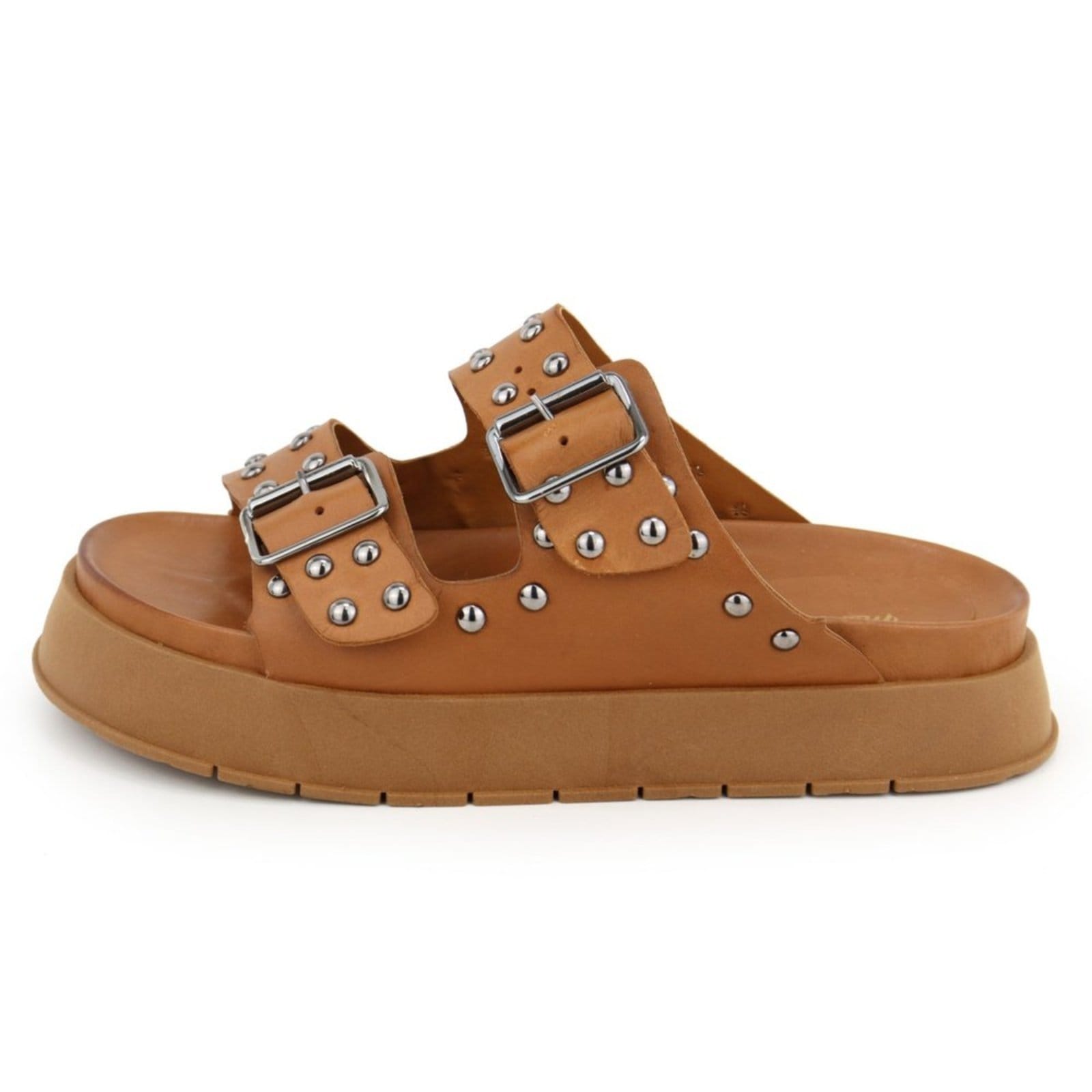 Sandália Papete Flatform Femina Conforto em Couro Fivelas com Cravo Maria Paula Camel