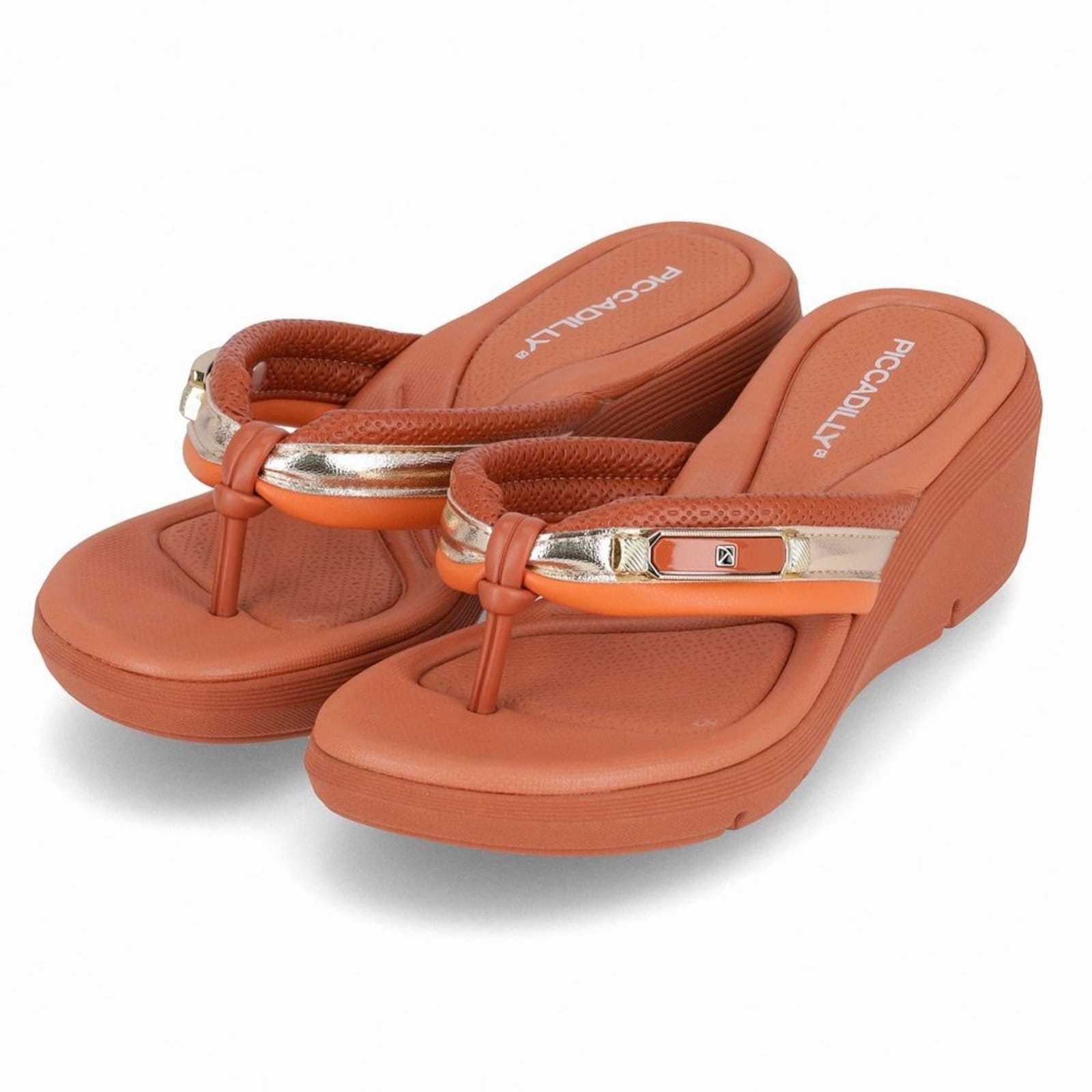 Vista 2 Chinelo Cecilia Anabela Médio Ocre com Laranja Piccadilly bege ocre