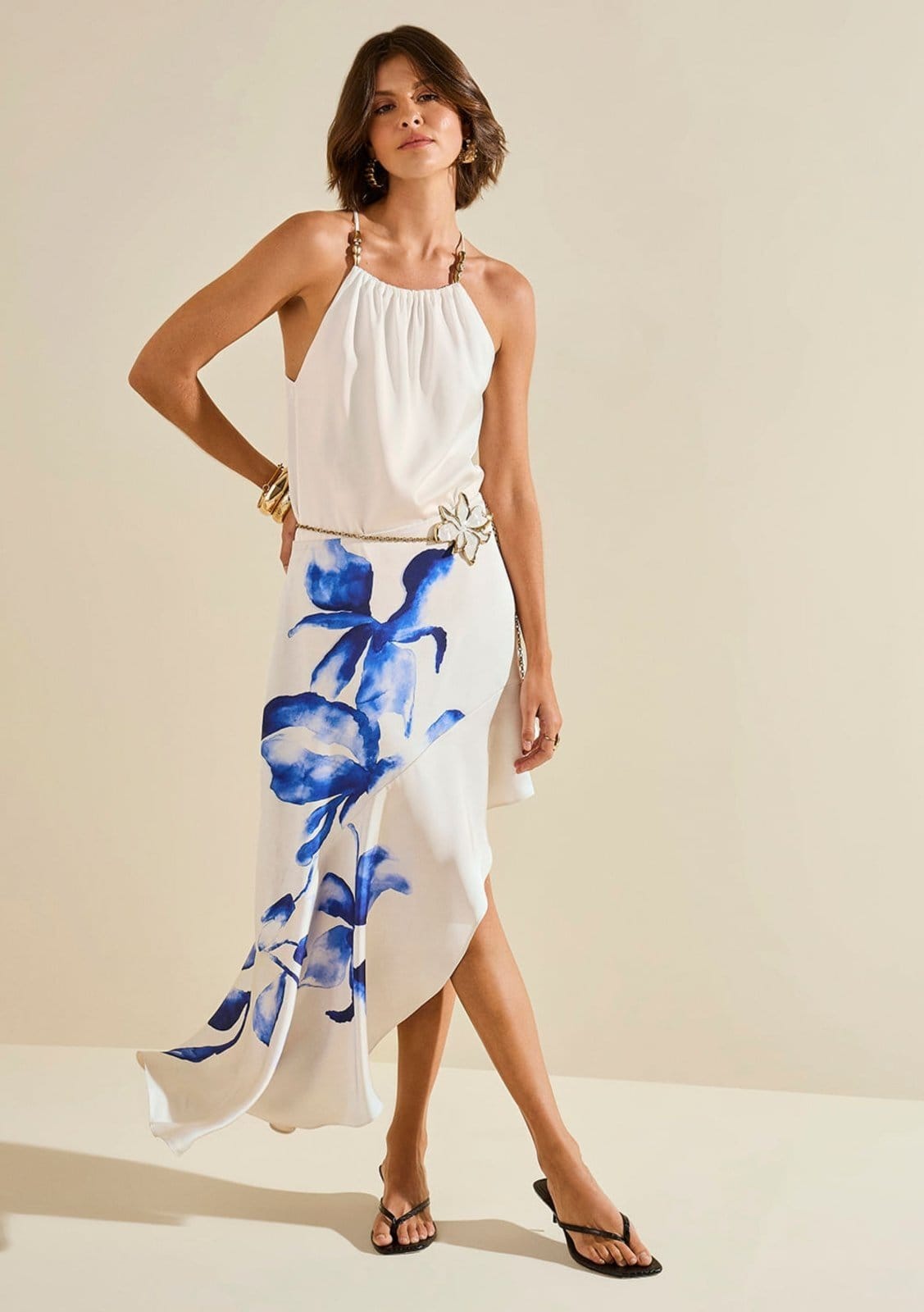 Saia Morena Rosa Reta Alta Midi Azul