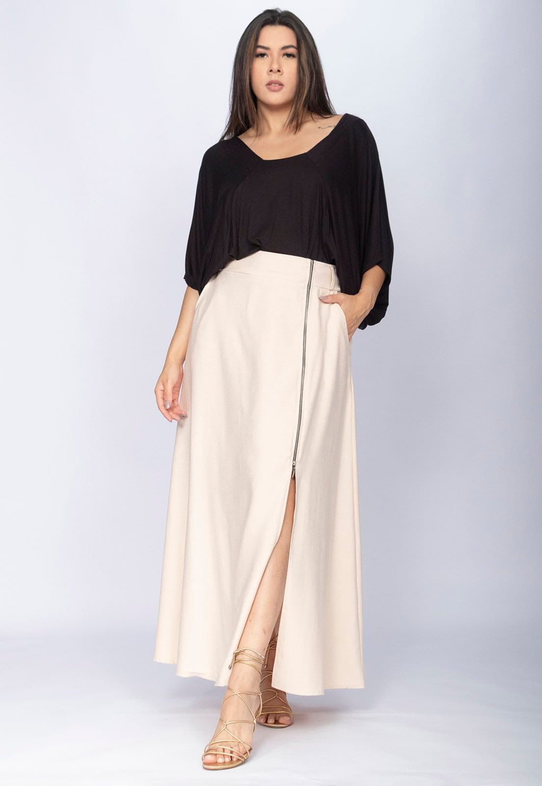 Saia Amazônia Vital Midi com Zíper Creme