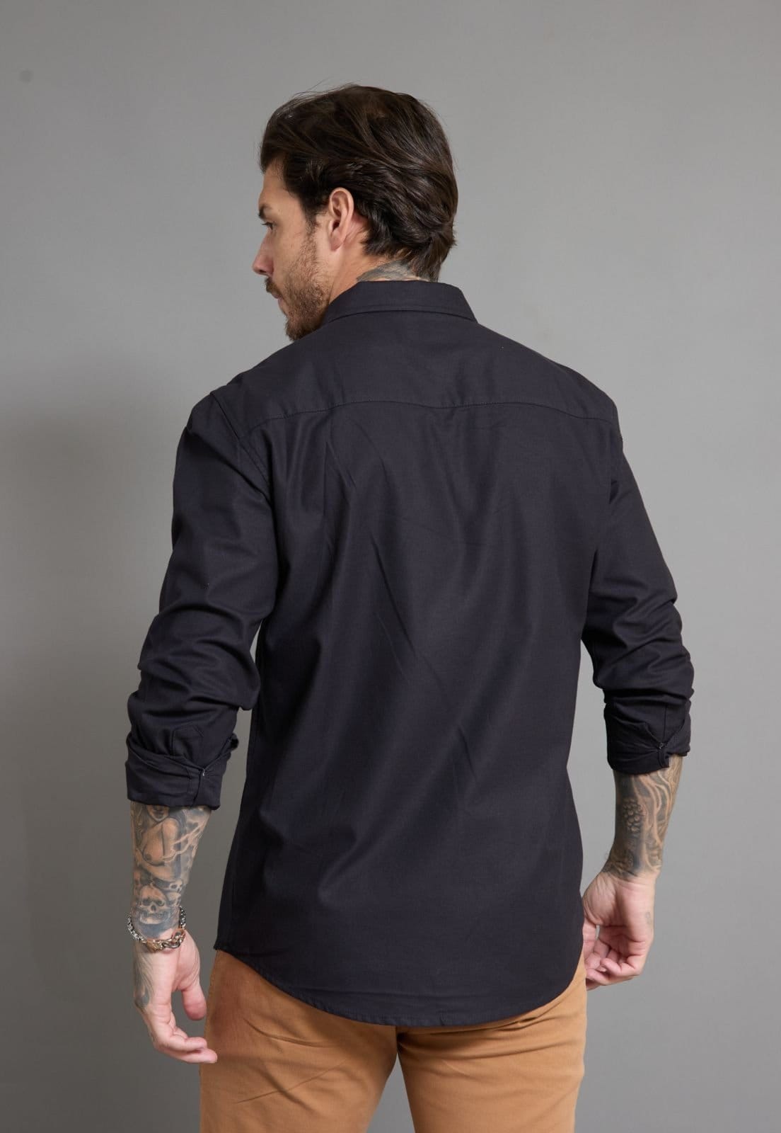 Vista 2 Camisa Manga Longa Masculina Social em Algodão Dialogo Dialogo Jeans preto