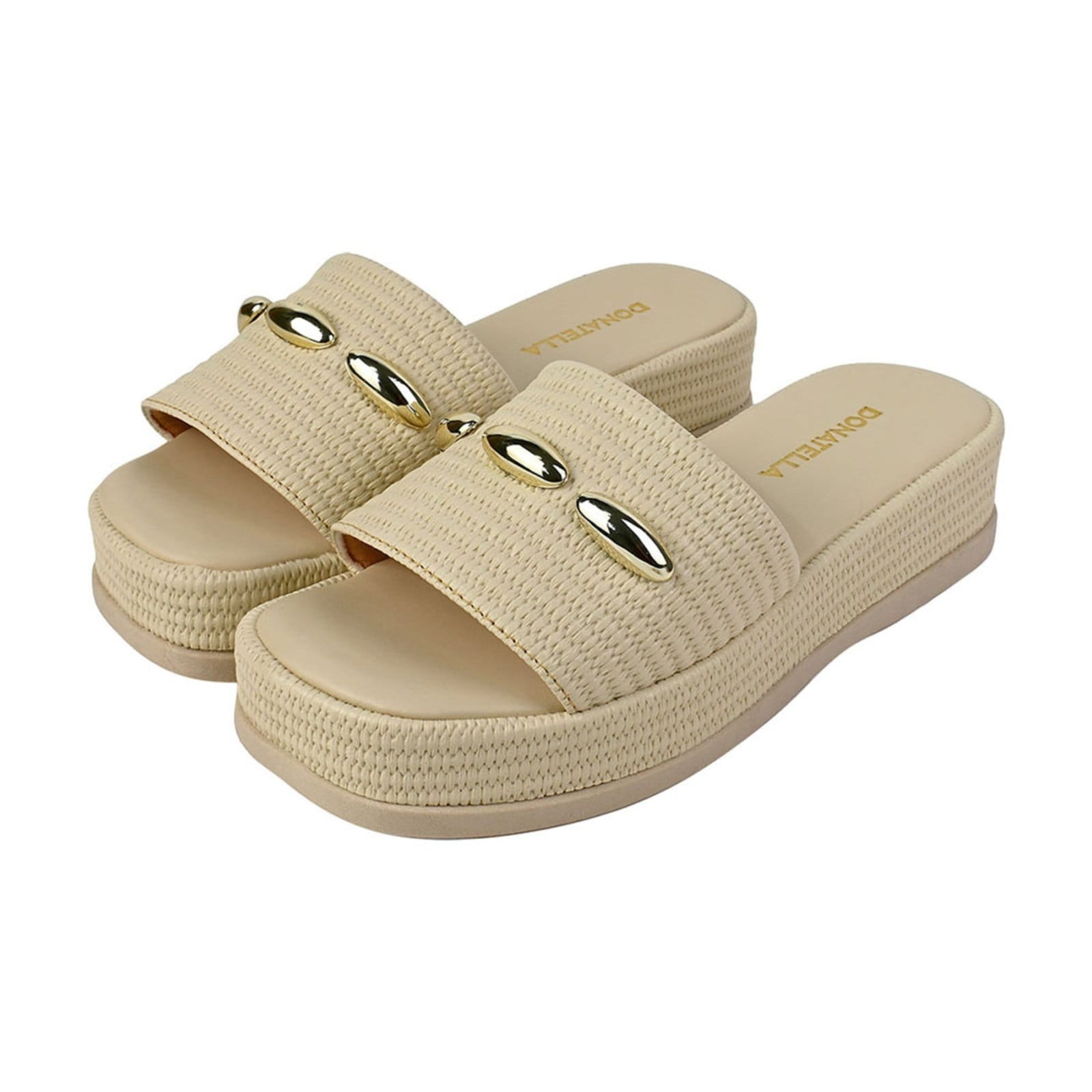 Tamanco Feminino Plataforma Donatella Shoes Sandália Chinelo Flatform Juta Malha Aplicação Dourada Off White