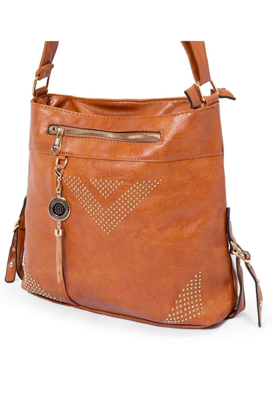 Vista 2 Bolsa Alça Transversal Espaçosa Funcional Chaveiro Madami caramelo