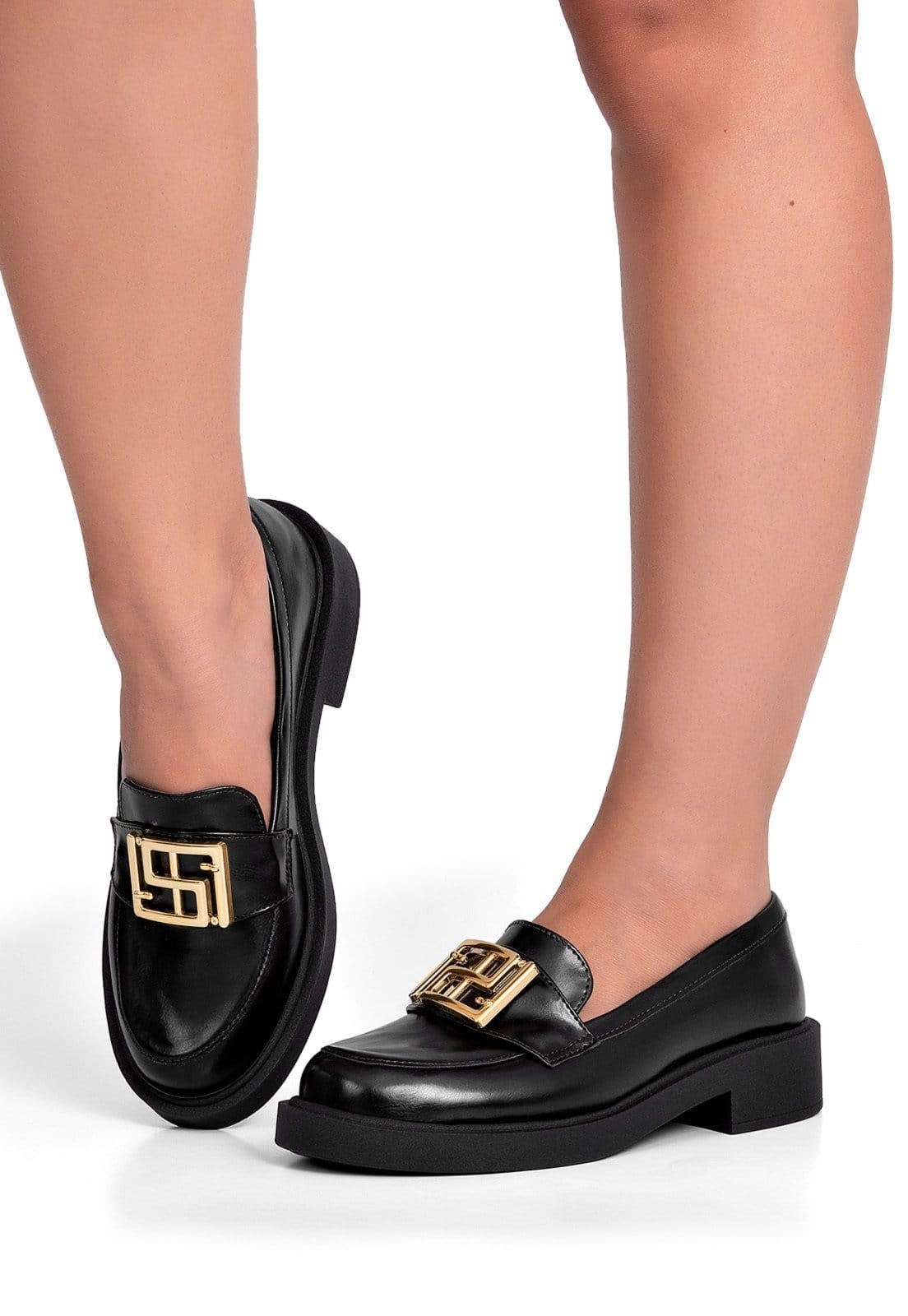 Vista 2 Mocassim Feminino Lumiss Bico Redondo Confortável Enfeite Metalizado Dourado LUMISS preto