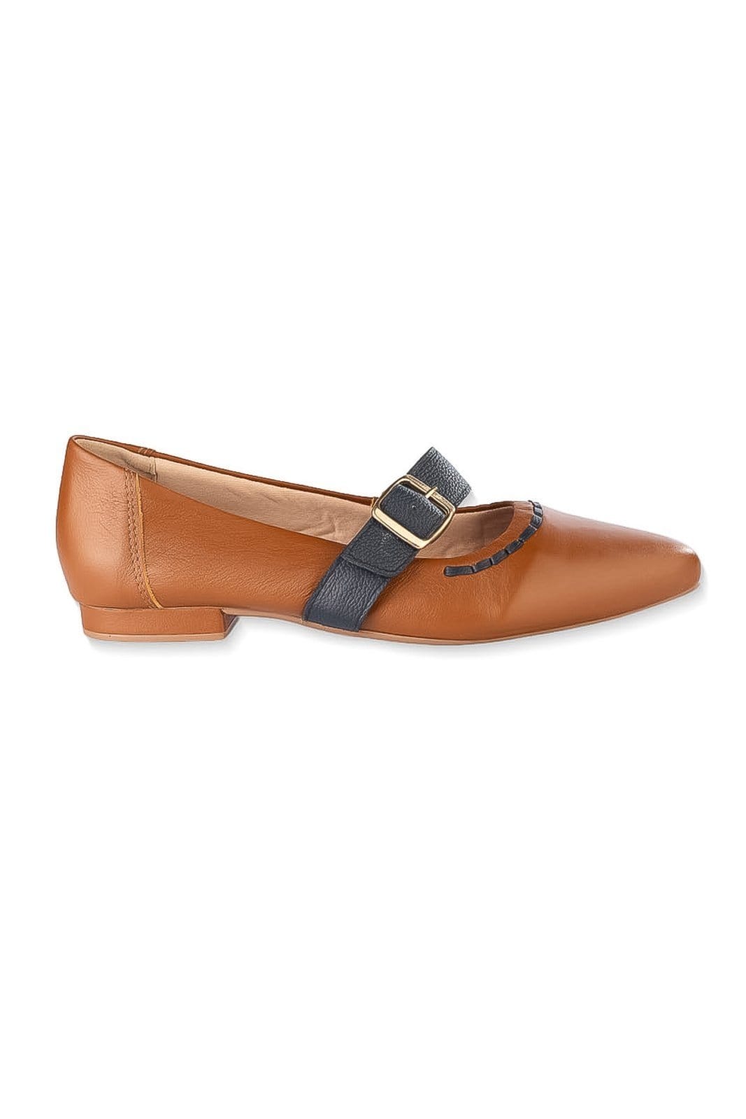 Sapatilha de couro bico fino com detalhe e fivela Alba - Caramelo/Azul - 2