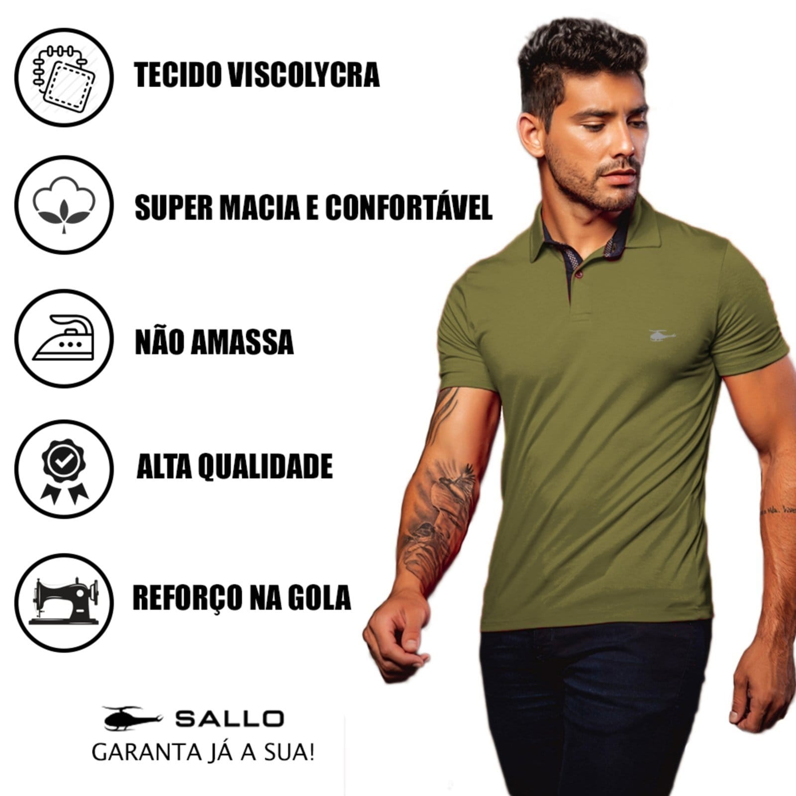 Camiseta Polo Masculina Básica Sallo Premium Militar Oliver - 2