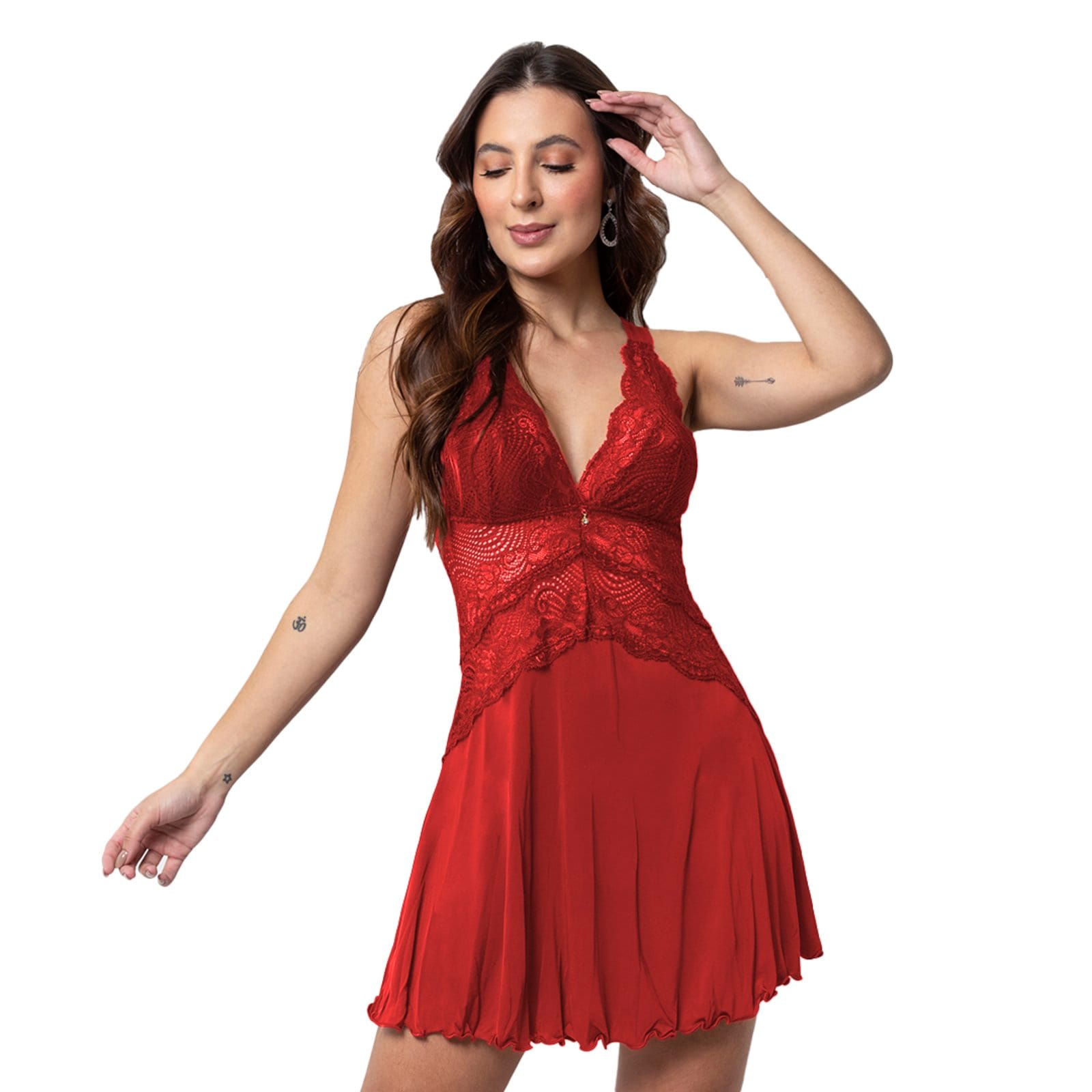 Camisola Bruna Gabi Lingerie Renda Sensual Sem Bojo Curta Pijama Sexy