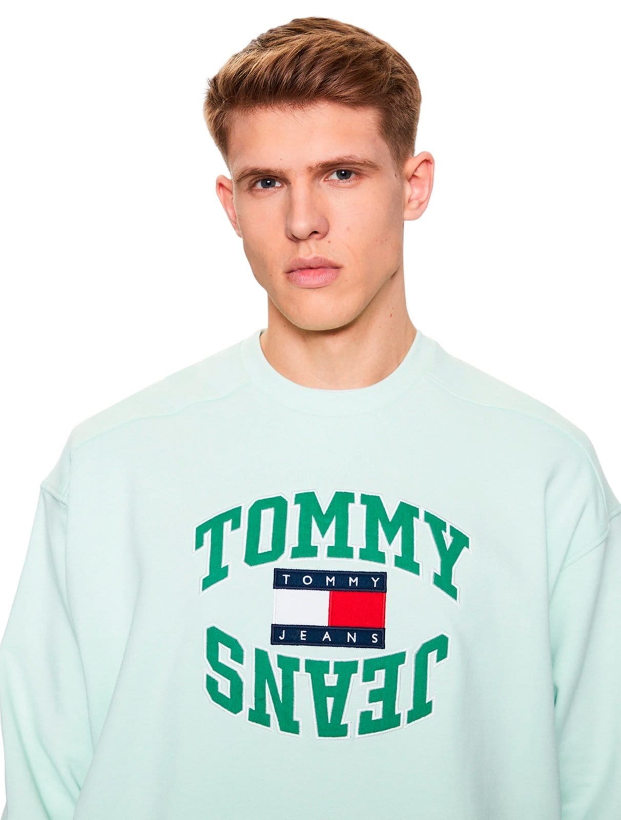 Vista 2 Moletom Tommy Jeans Masculino Crewneck Boxy Arched Logo Claro Tommy Jeans verde