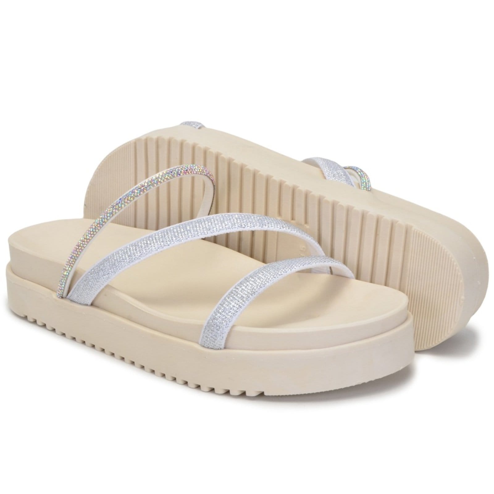 Sandalia Papete Birk Tiras Strass Calçar Off White