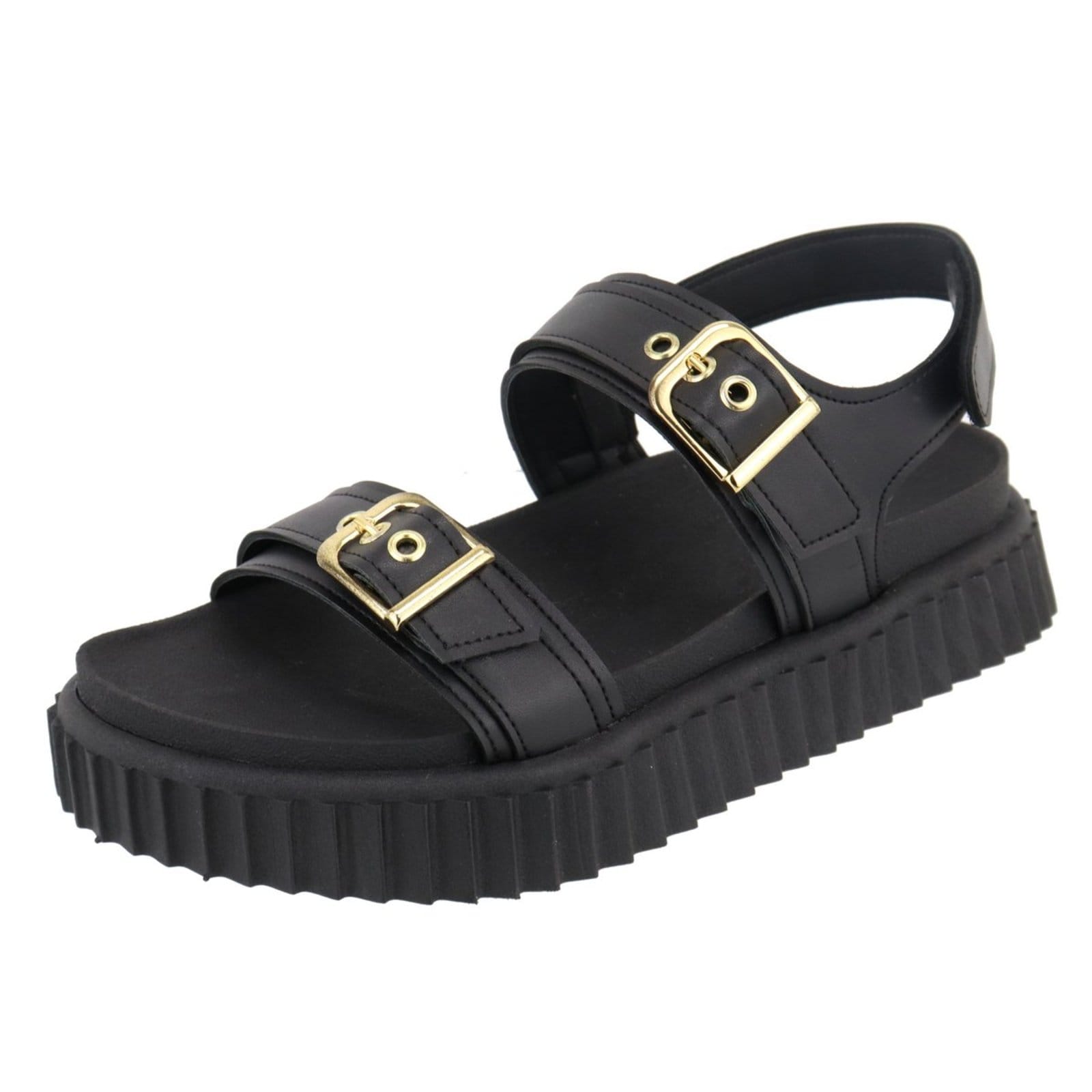 Sandalia Papete Flatform Feminina Fivelas Preta Sola Alta