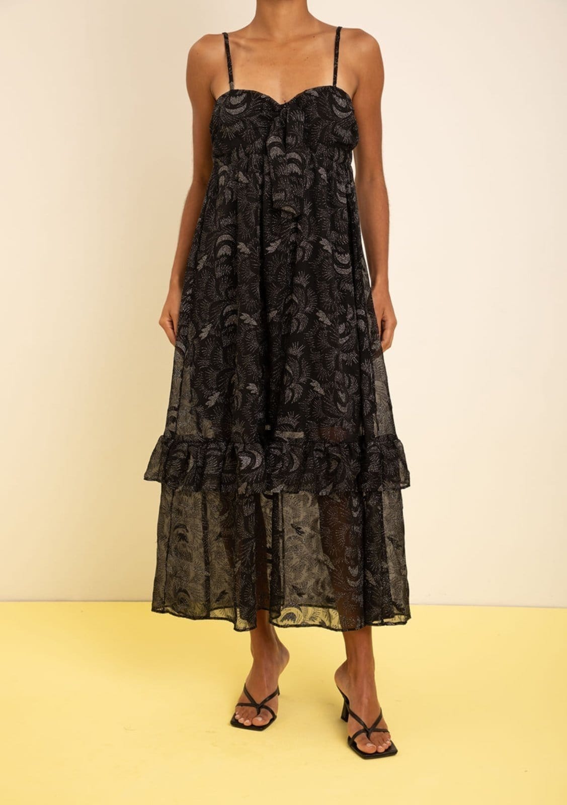 Vista 2 Vestido Zinco Solto Decote Reto Com Alça Midi Zinco preto