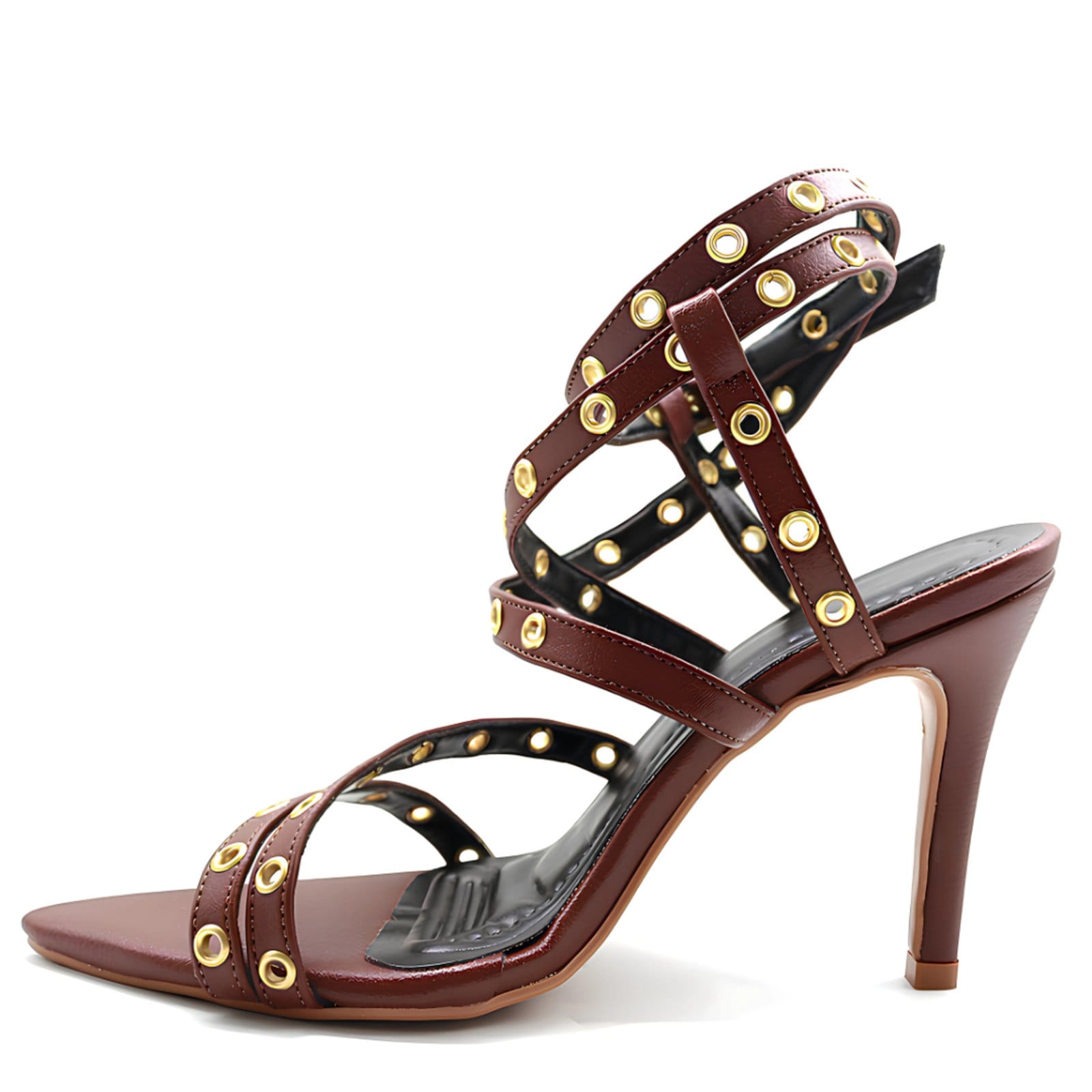 Vista 2 Sandália Social Feminina Bico Folha Salto Alto 6019 Floter Cacau Flor da Pele caramelo