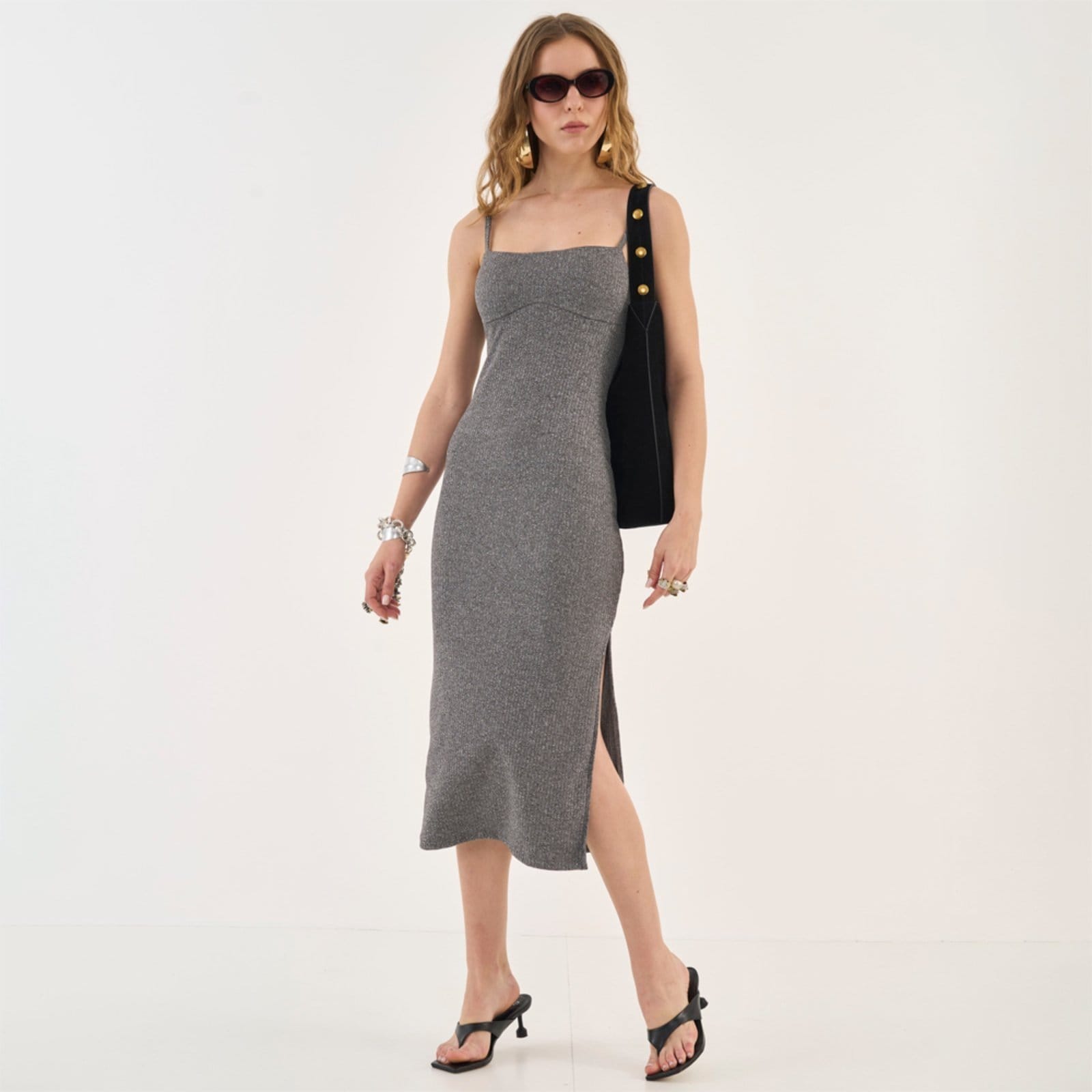 Vestido Midi Colcci Canelado Ou26 Grafite Feminino