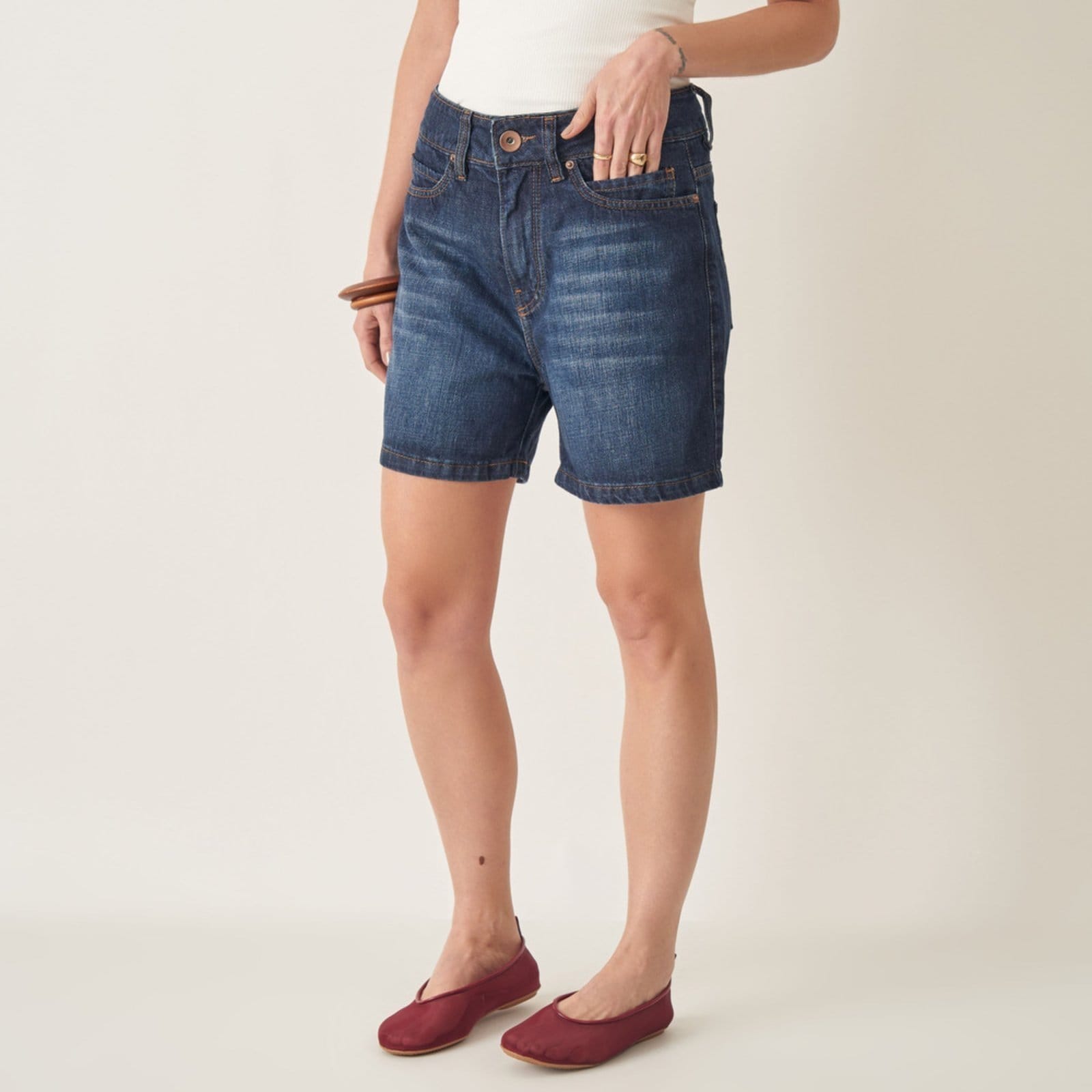 Bermuda Jeans Cintura Alta Azul Escuro