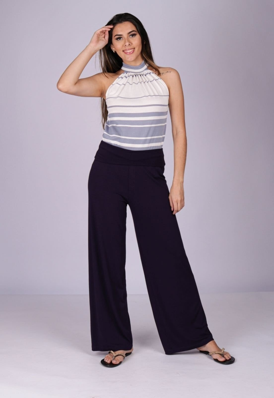 Calça Pantalona Reta Malha Cós Alto Marinho