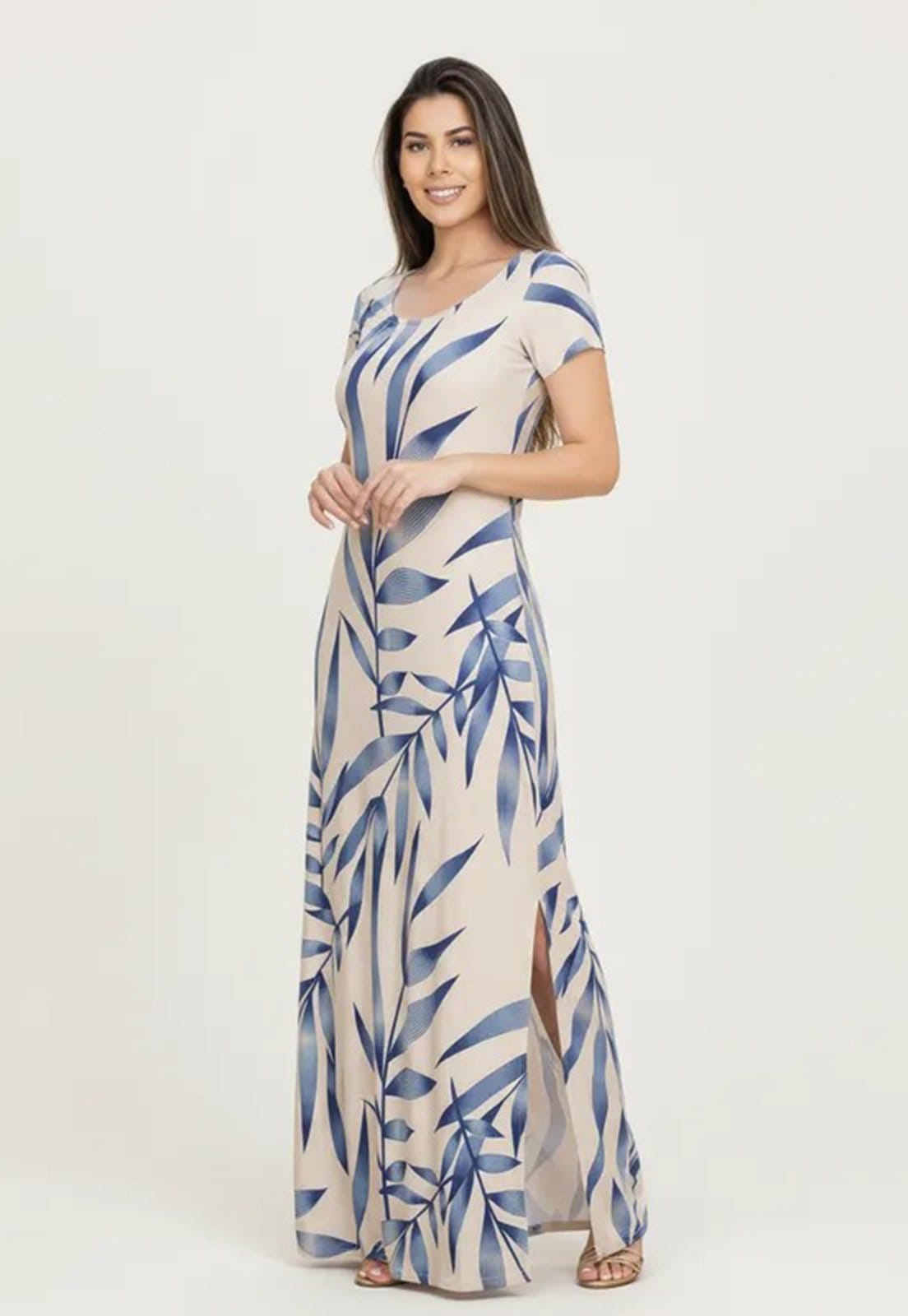 Vista 2 Vestido Longo Amazônia Vital Malha Gola Canoa Manga Curta Estampa Bambu Azul Amazonia Vital bege azul