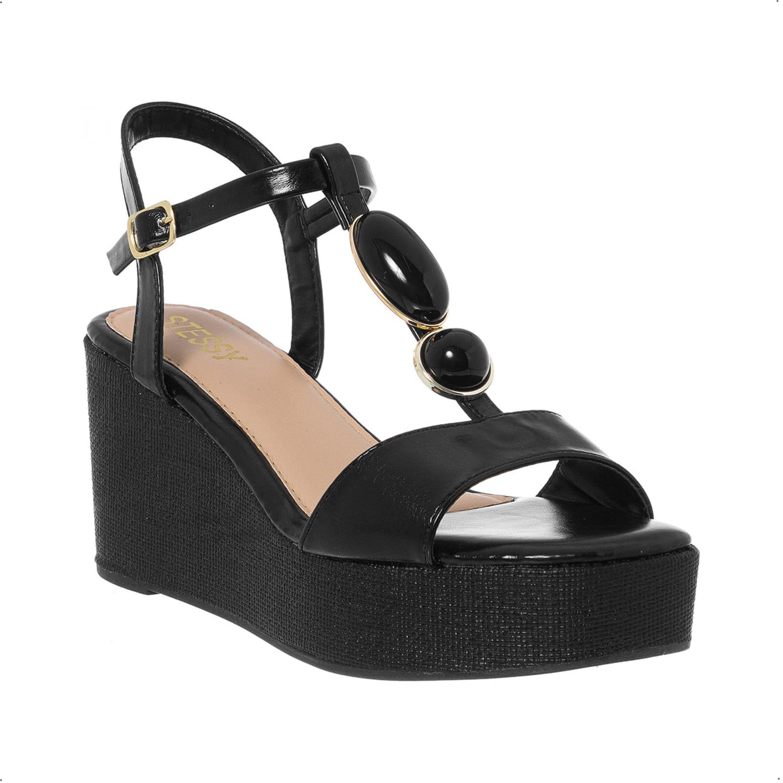 Vista 2 Sandália Anabela Plataforma Stessy Boho Chic Pedraria Rafia Lançamento Verão Stessy Shoes preto