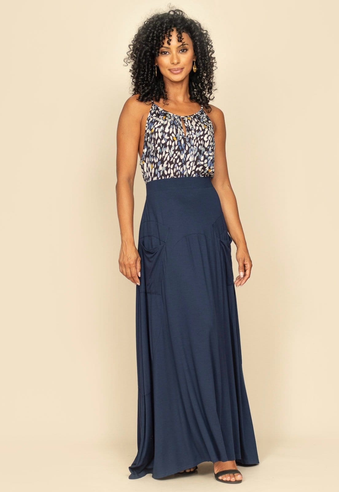 Vista 2 Saia Longa Malha com Bolso Amazonia Vital azul marinho