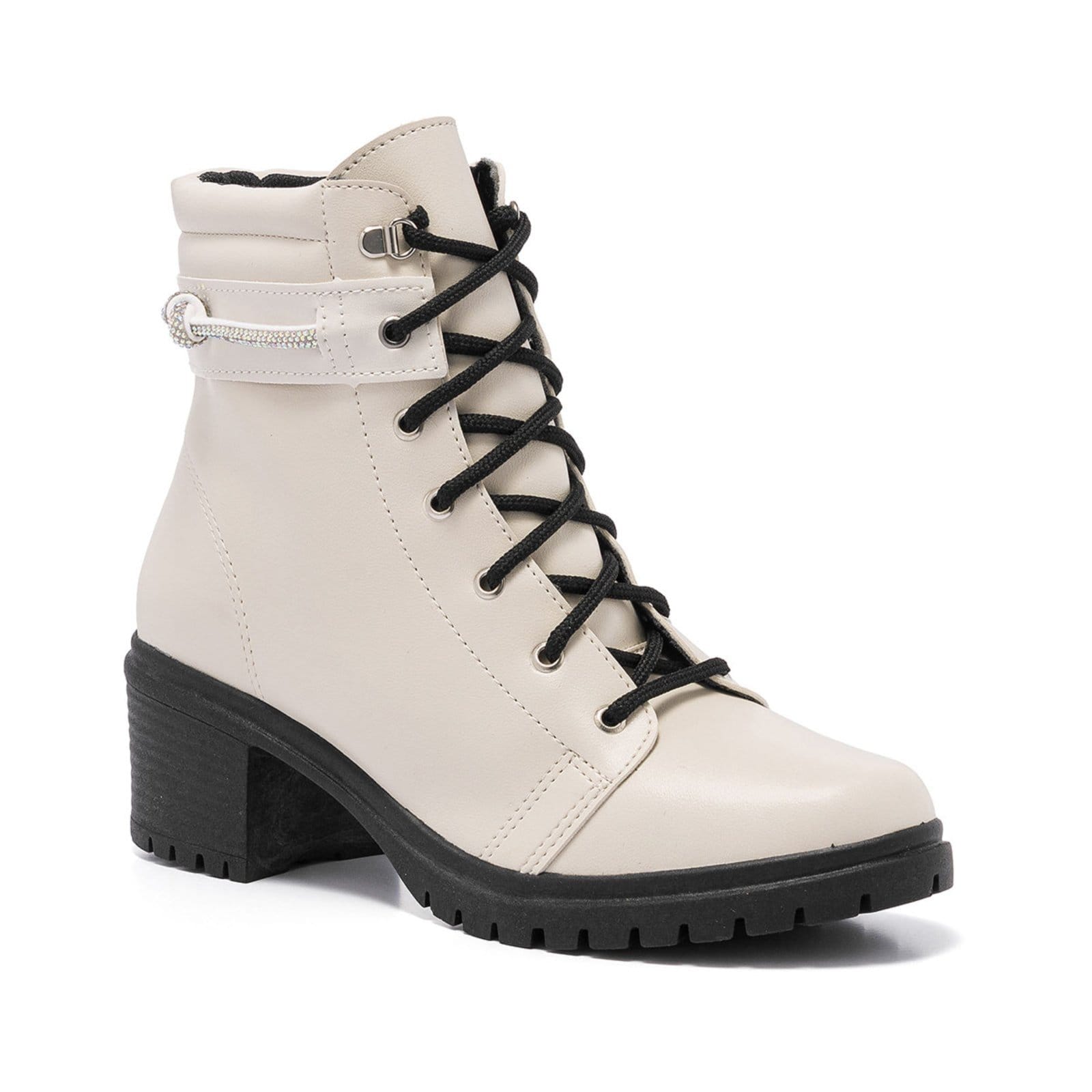 Vista 2 Bota Coturno Feminina Cano Baixo Tratorada Preto Confortável - Strass Stessy Shoes off-white