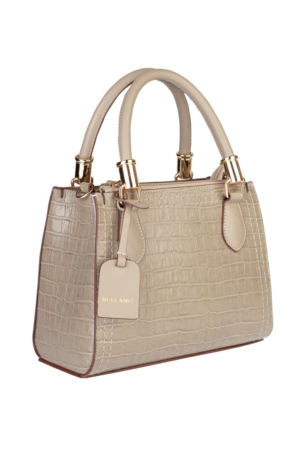 Vista 2 Bolsa Bellaniz Baú De Couro Croco Andressa - Amêndoa Bellaniz caramelo