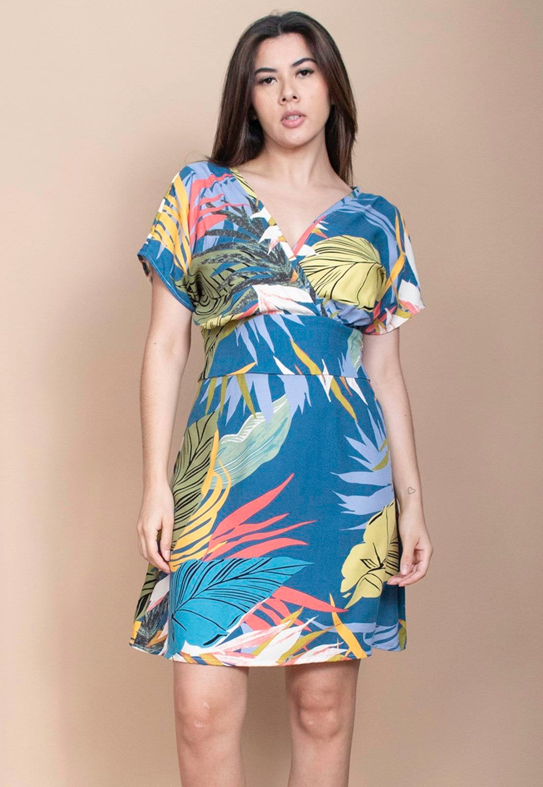 Vista 2 Vestido Cabanafree Curto Viscose Elastex nas Costas Estampa Brisa Botânica Cabanafree amarelo/estampado/verde