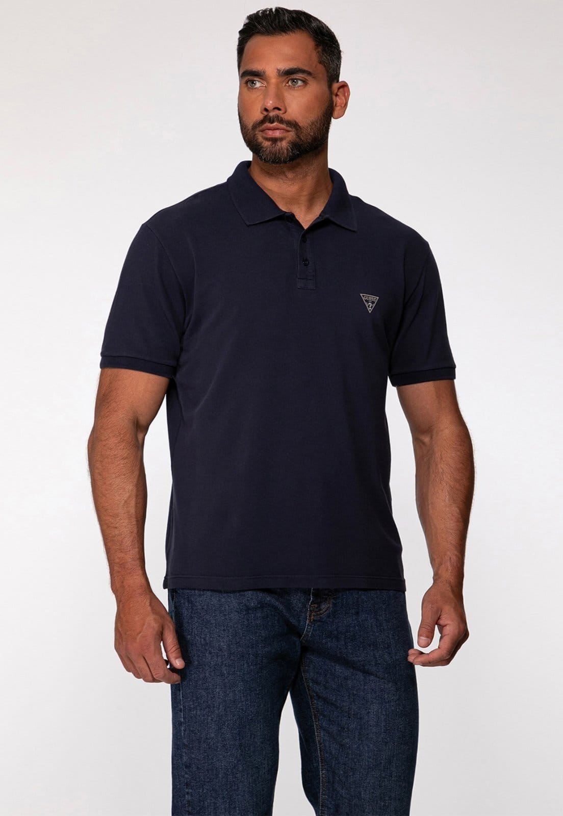 Camisa Polo Silk Triangulo Pq Puff Guess Escuro