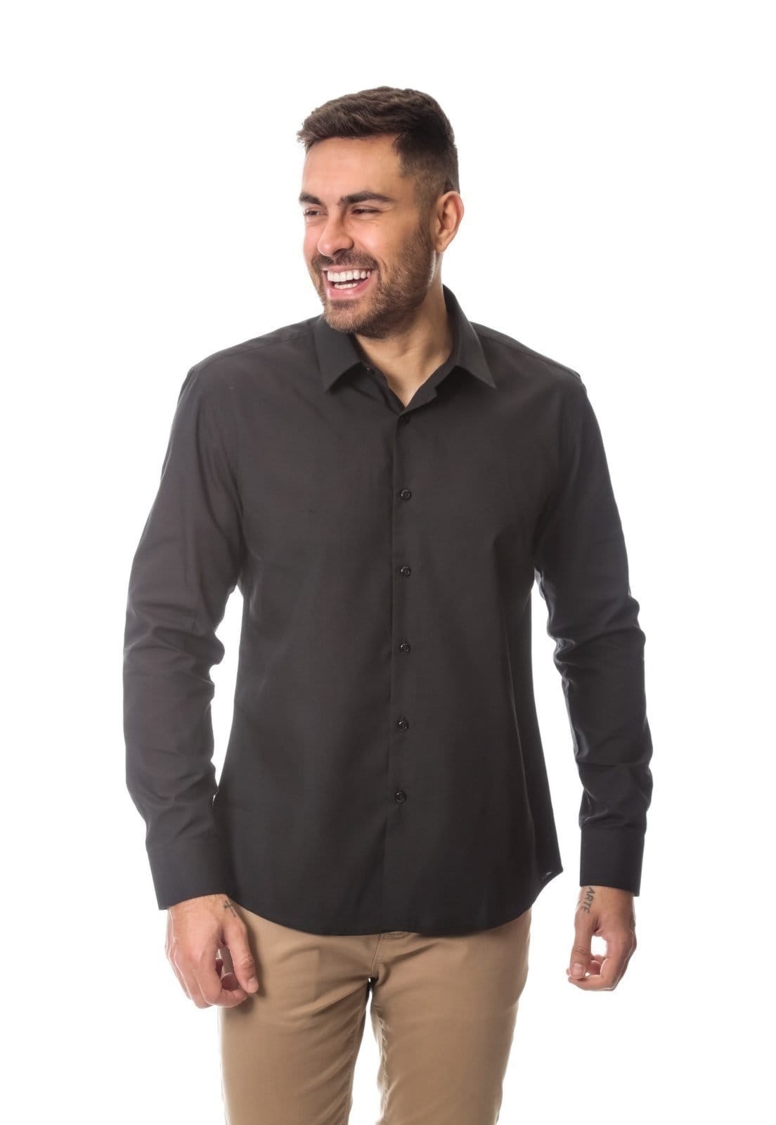 Vista 2 Kit 3 Camisas Social Masculina Manga Longa Crocker Preta, Cinza e 50077 Crocker verde