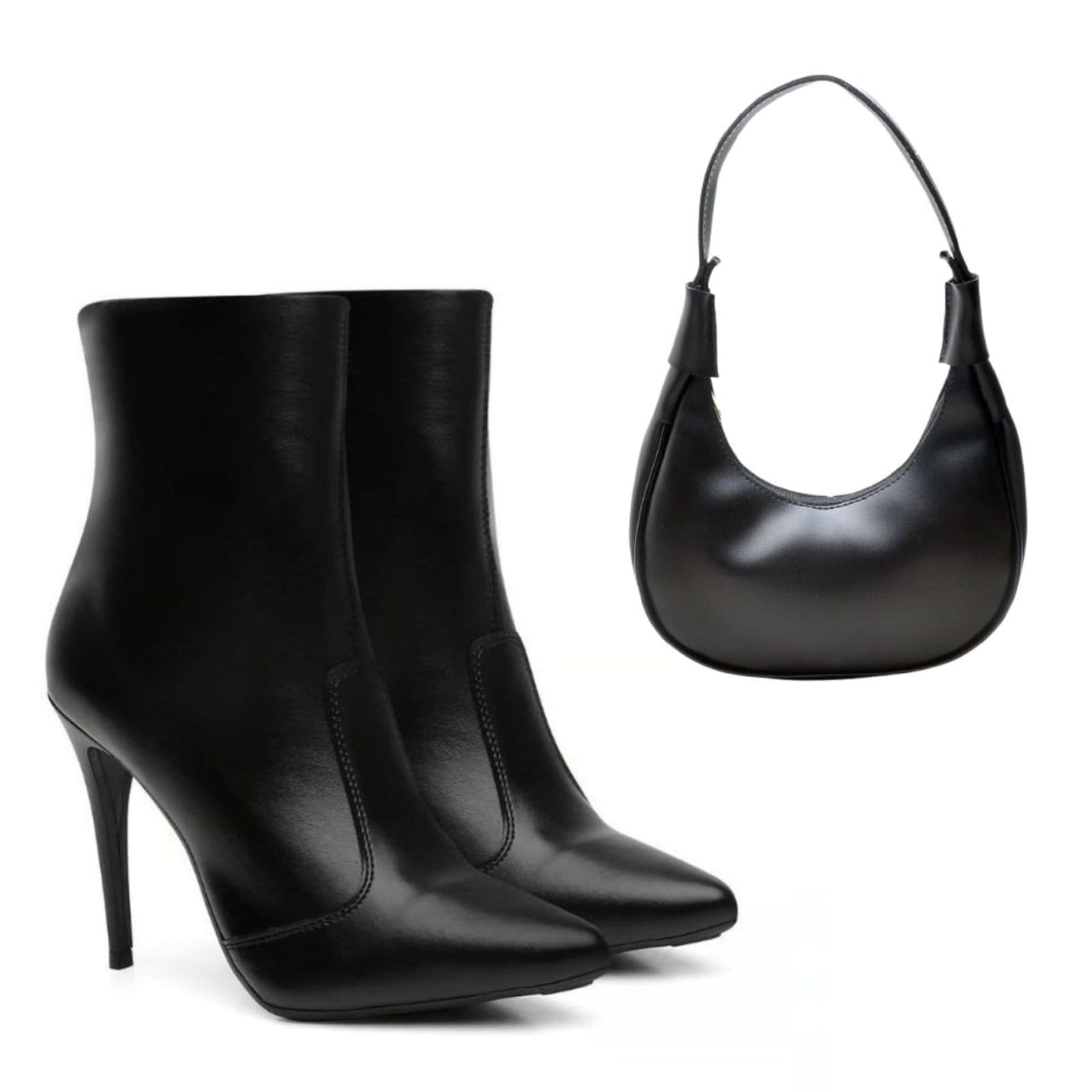 Vista principal Kit Bota Feminina Bico Fino Anna Andrade Cano Médio Salto Alto Lisa Tendência e Bolsa Anna Andrade preto