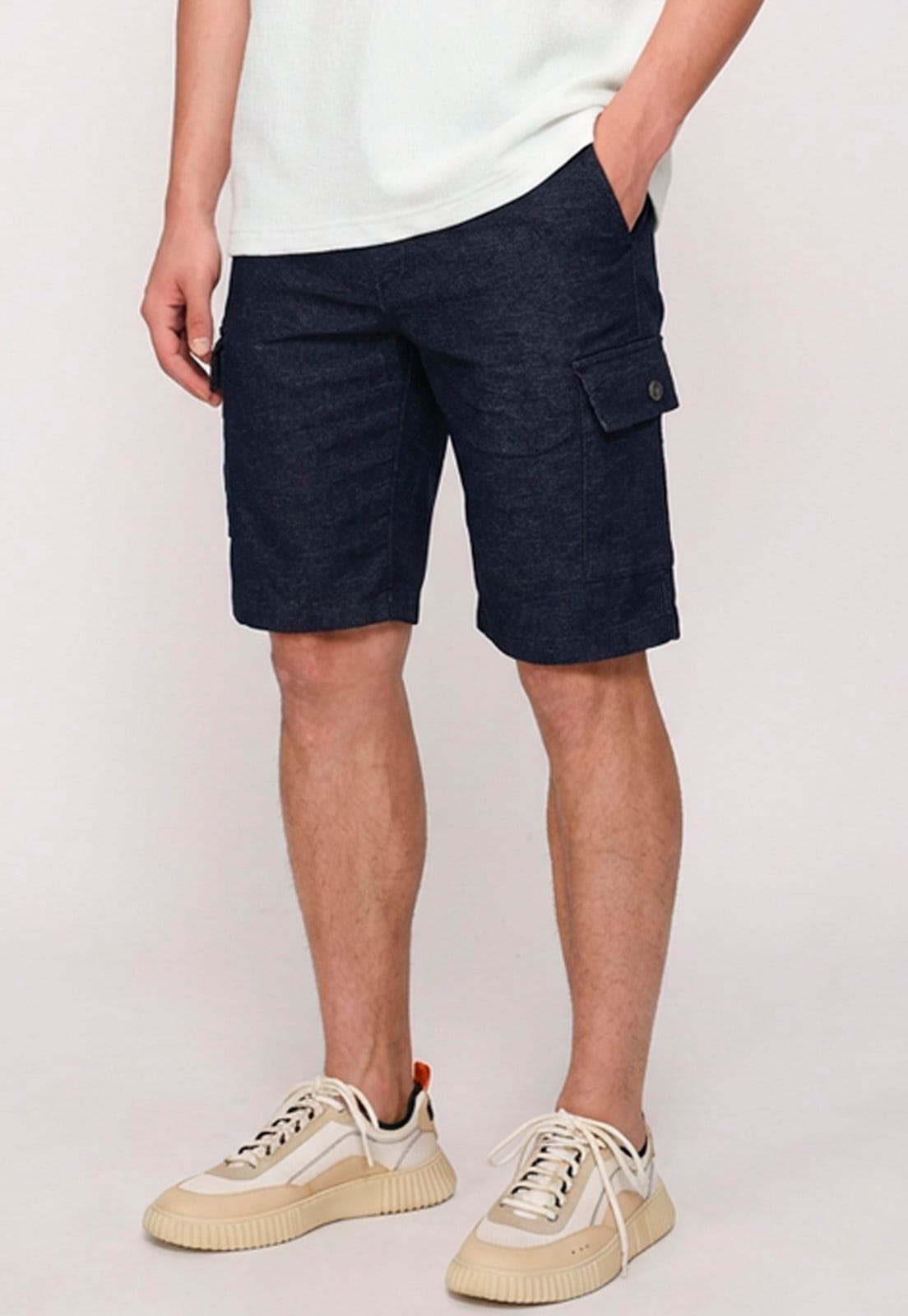 Bermuda Masculina Cargo Sarja Elastano Bolsos Laterais Confortável Marinho