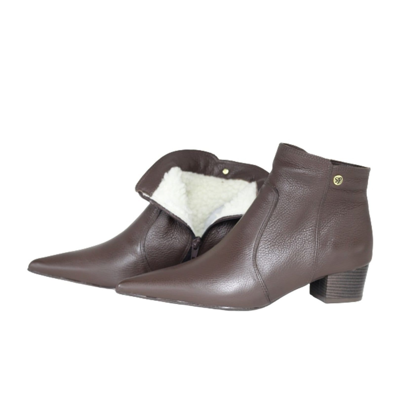 Bota Feminina em Lã Sintética Bico Fino Cano Curto Couro Salto 4cm