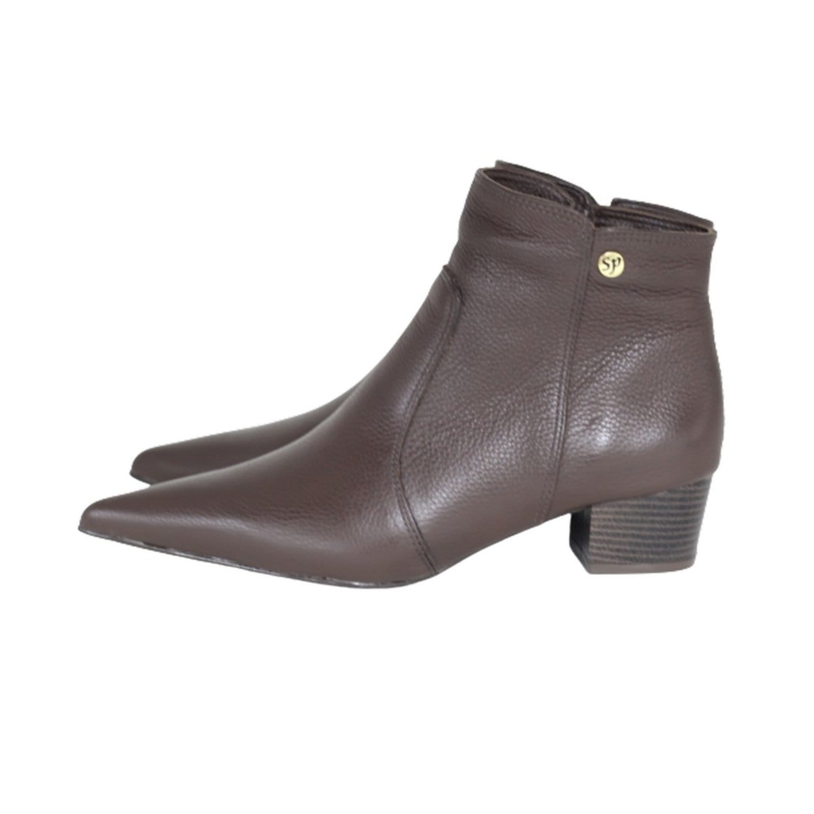 Vista 2 Bota Feminina em Lã Sintética Bico Fino Cano Curto Couro Salto 4cm Spinelli marrom