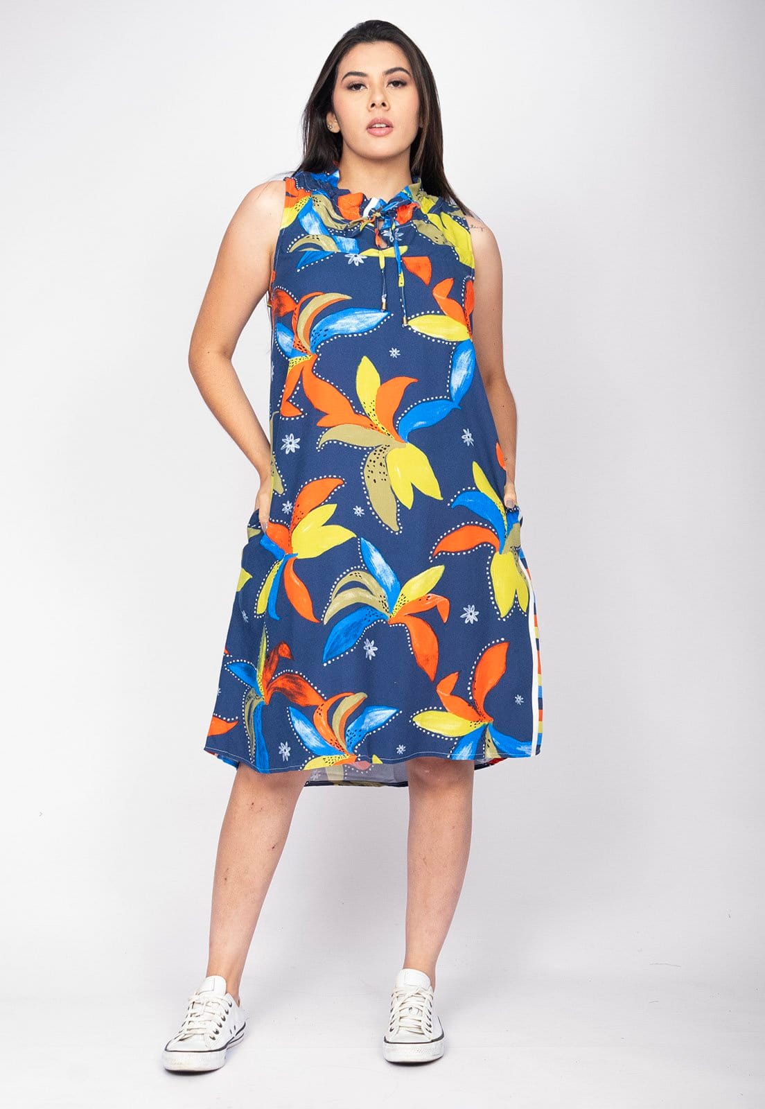 Vista principal Vestido Midi Cabanafree Viscose Piaf Maré Vibrante Cabanafree amarelo/azul/estampado/laranja/off-white