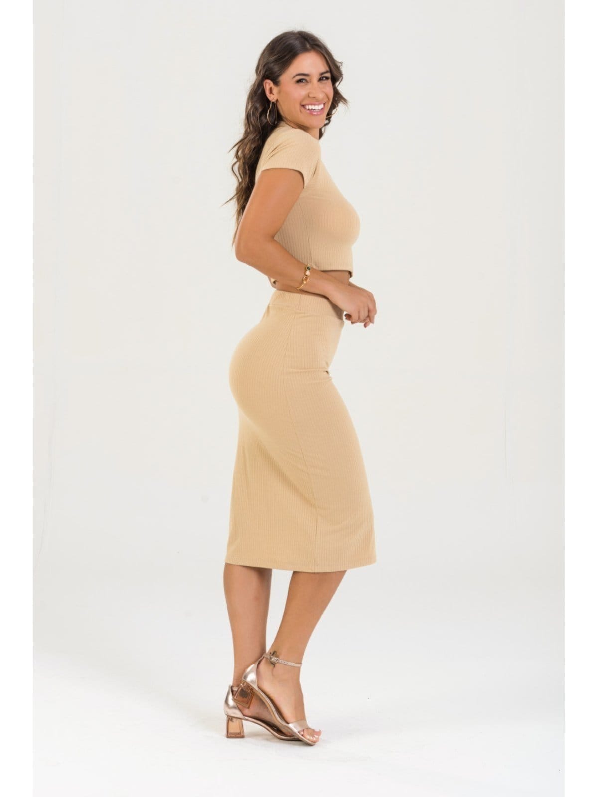 Vista 2 Saia Midi Ribana Canelada Feminina Cappuccino Meu Jeans bege