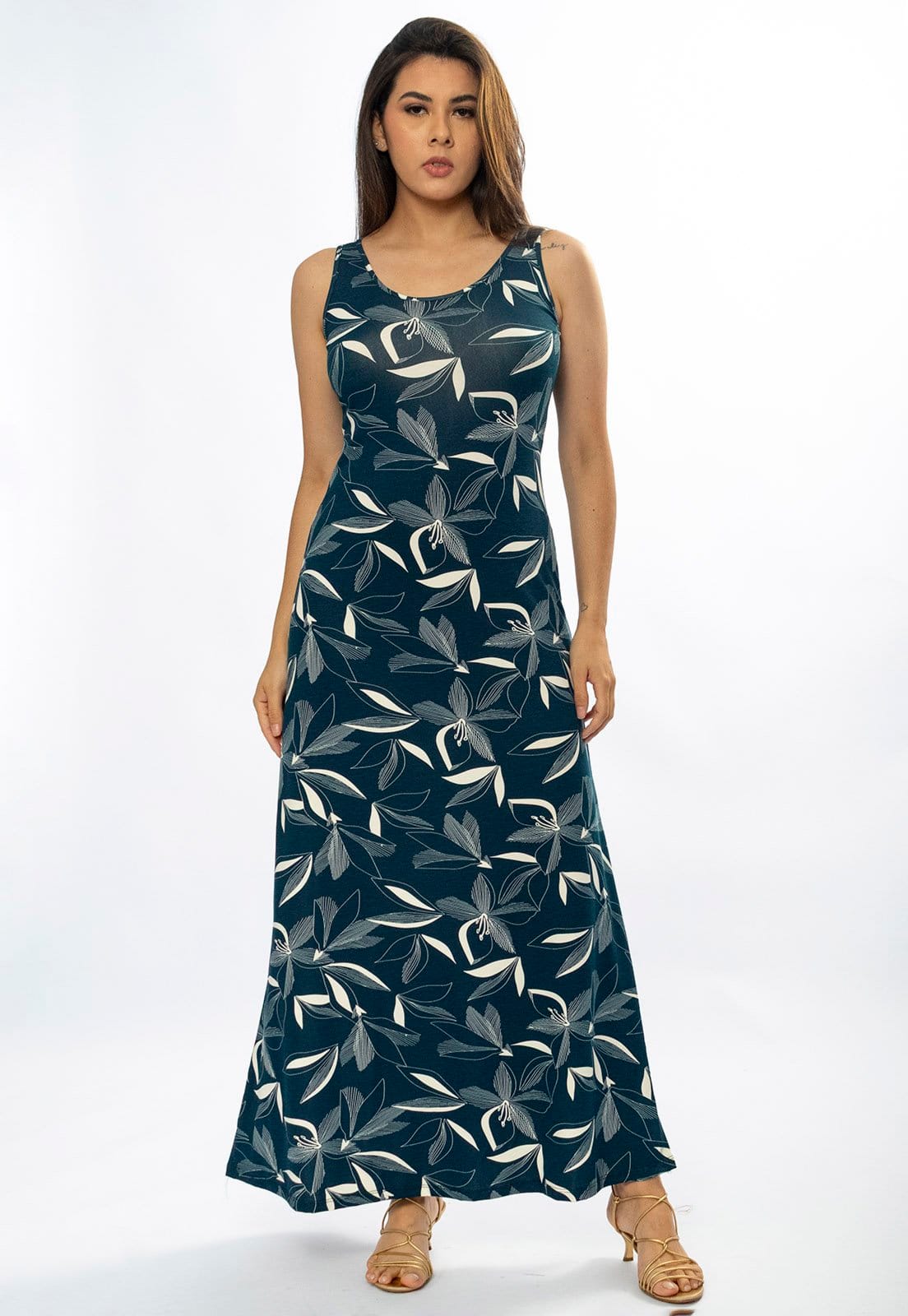 Vestido Longo Cabanafree Butiá Malha Regata Estampa Hibisco Blue