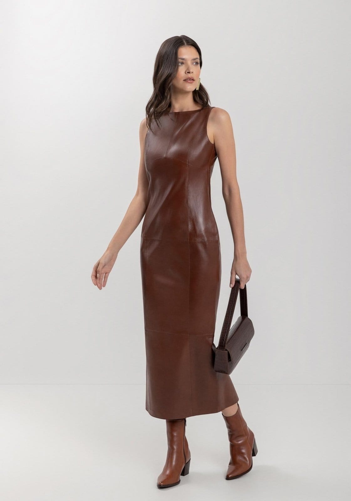 Vestido Midi Chá Em Couro Com Zíper Posterior