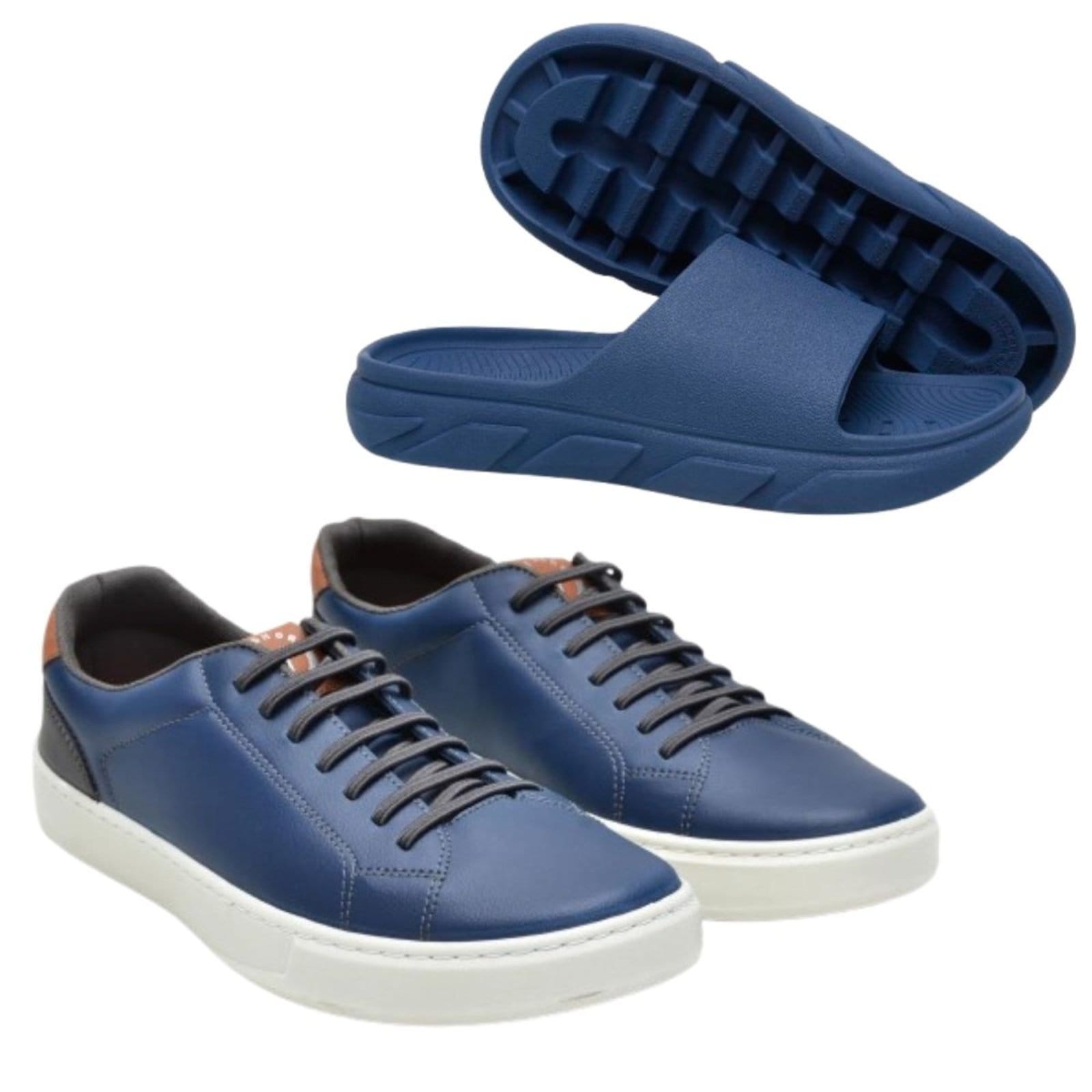Vista principal Kit Sapatenis Masculino Anna Andrade Tênis Casual Elástico e Chinelo Slide Elegante Leve Azul Anna Andrade azul marinho