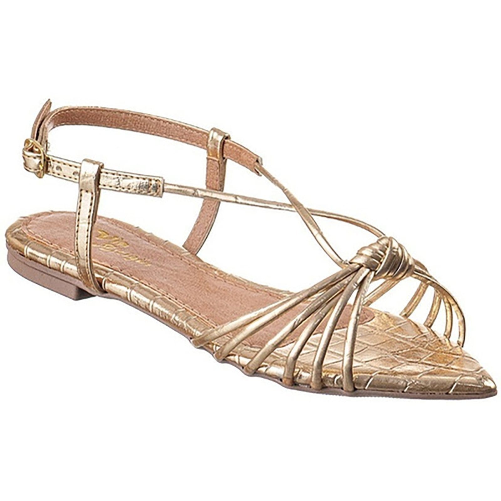 Sandália Rasteira Bico Folha Metalizado Croco Ouro 5122