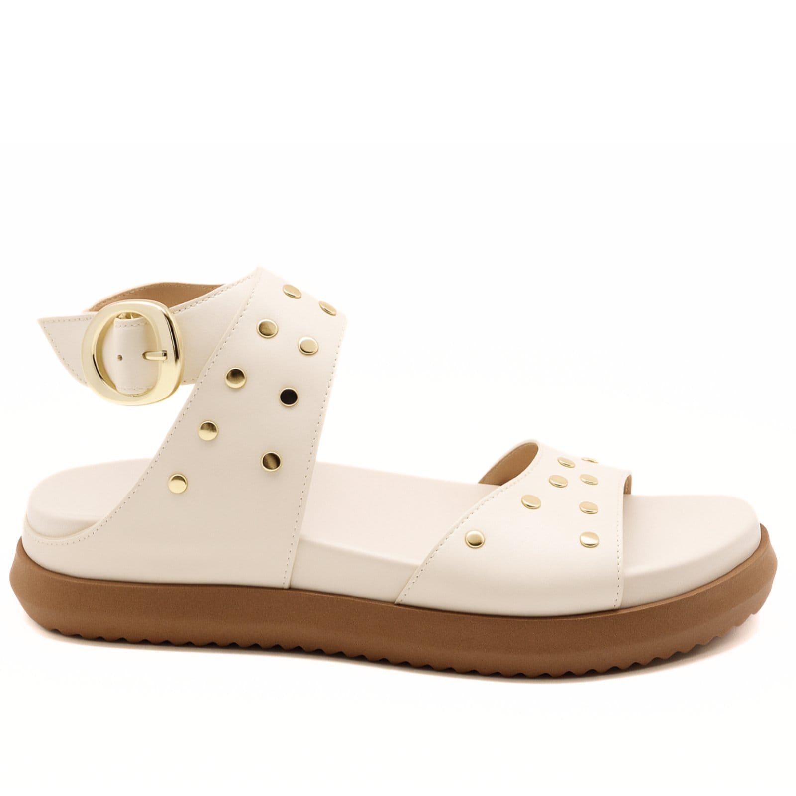 Vista 2 Papete Flatform Feminina Off White Tiras Largas Com Tachas Conforto e Estilo 004 Flor da Pele branco white