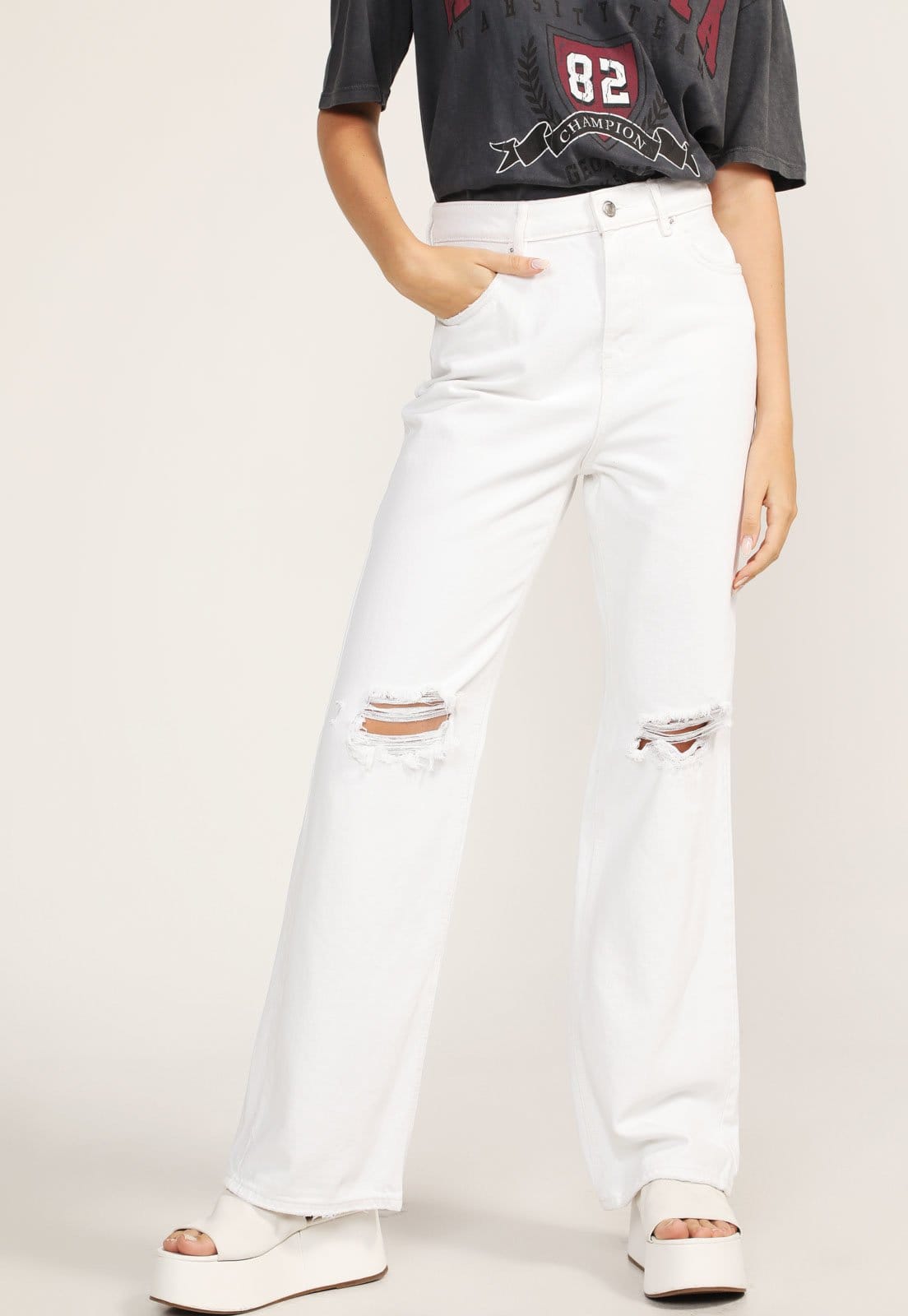 Calça Jeans Vero Moda Wide Leg Destroyed Branca